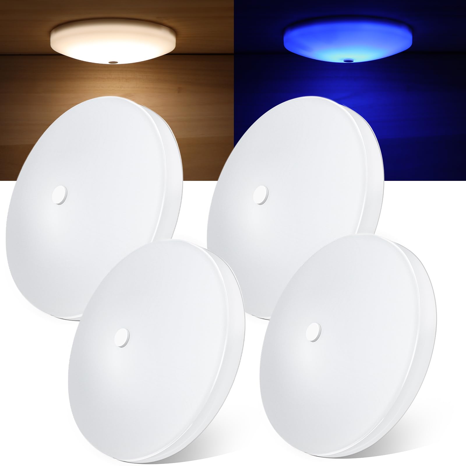 Obeaming 4 Pack Rv Interior Ceiling Dome Light 4.5 Inch, Press Dimmer Switch & Blue Nightlight,12V Dimmable Puck Light For Motorhome Trailer Fifth Wheel Truck Coach Enclosed Trailer(5000K)
