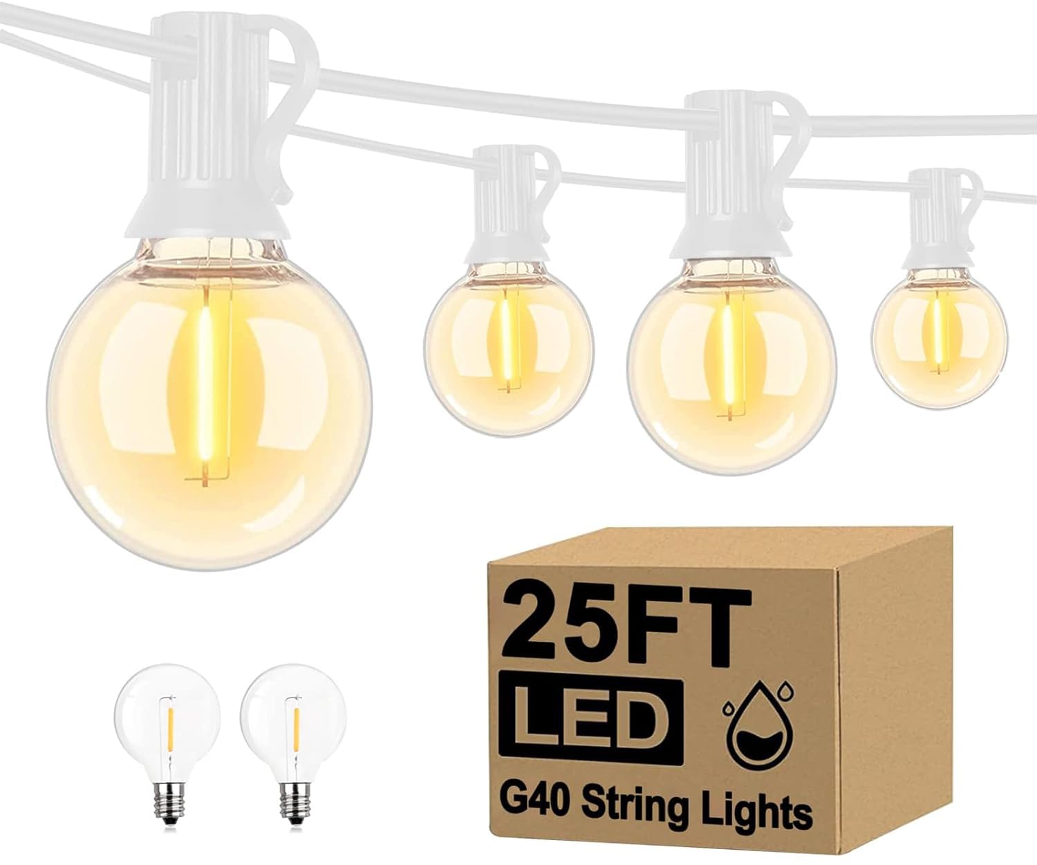 Abeja G40 LED String Lights, 25Ft Outdoor Patio Globe Lights, 27 Shatterproof Bulbs, White Wire, Ideal for Backyard and Bistro Decor