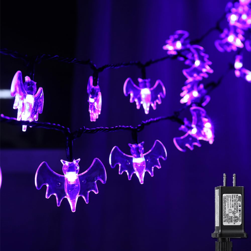RECESKY 70 LED Bat String Lights - 22.6ft Purple Halloween String Light with Auto Timer, Extendable, 8 Modes - Waterproof Spooky