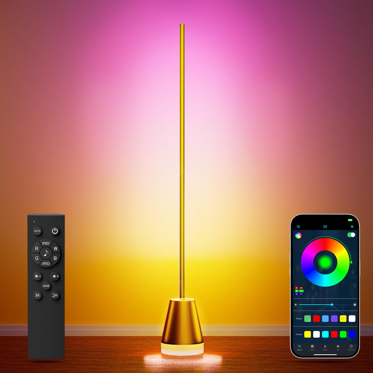 Keepsmile Smart RGB LED Floor Lamp, 172 LEDs, Music Sync, 59 inches, Gold, Model HX-818, Aluminum