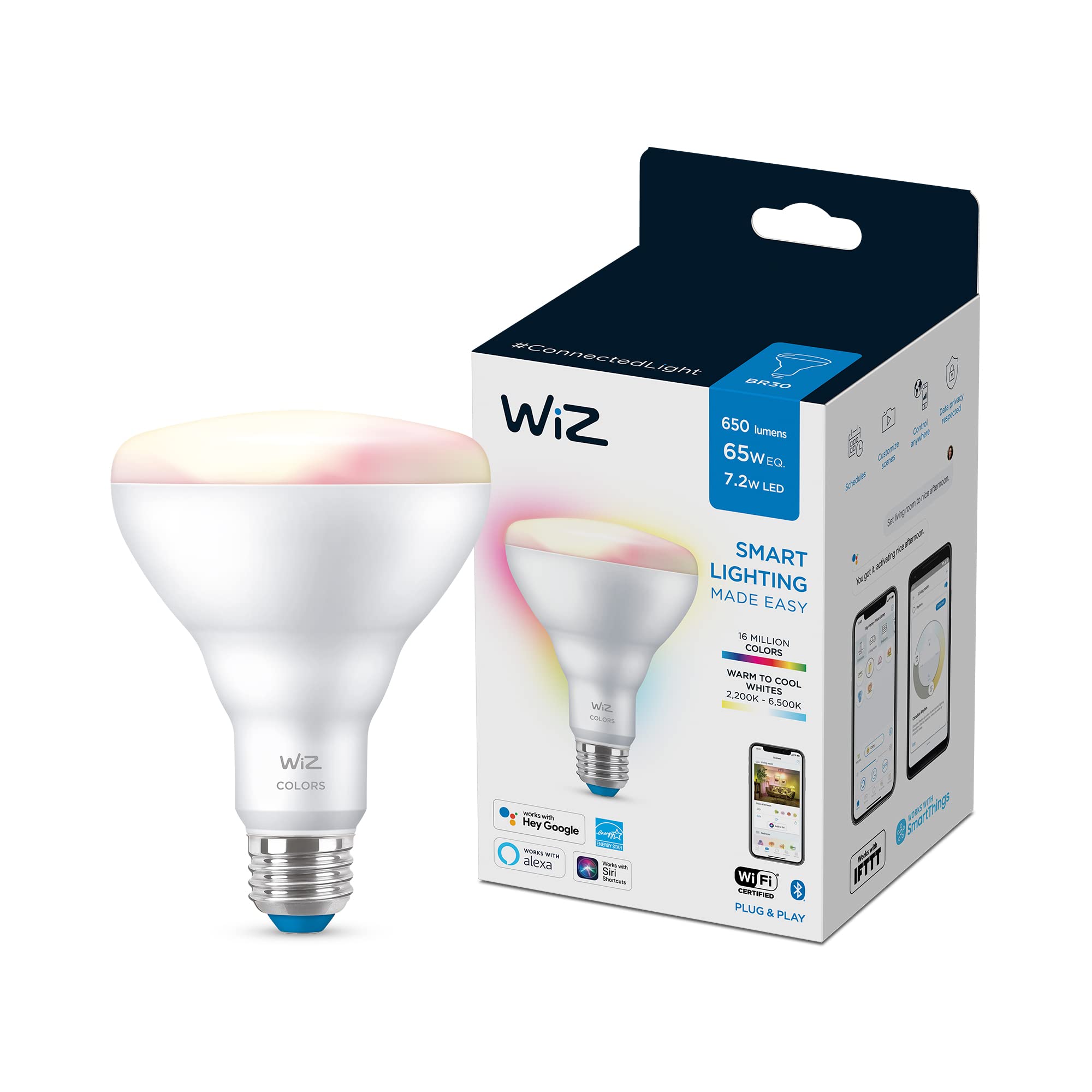 Wiz 65W Br30 Color Led Smart Bulb - Pack Of 1 - E26- Indoor - Connects To Your Existing Wi-Fi - Control With Voice Or App + Acti