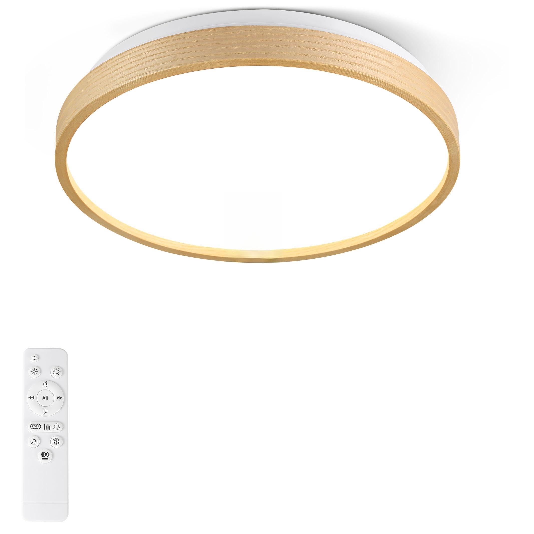 HOREVO Dimmable LED Flush Mount Ceiling Light with Bluetooth Speaker, RGB Color Changing, 24W, Wood, Model X003