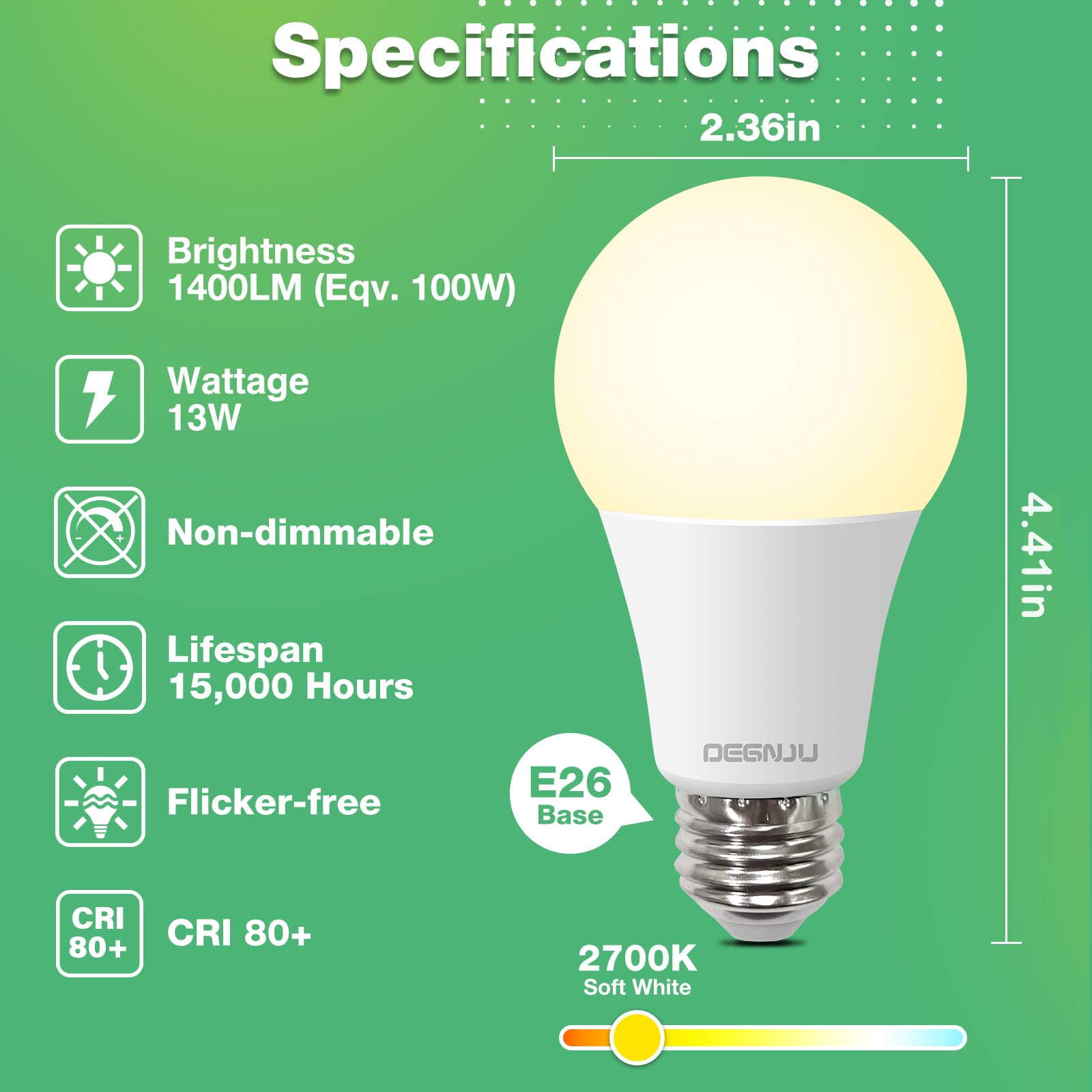 DEGNJU LED Light Bulbs A19 100W Equivalent Soft White 2700K 1500 LM E26 Base Non-Dimmable 24 Pack