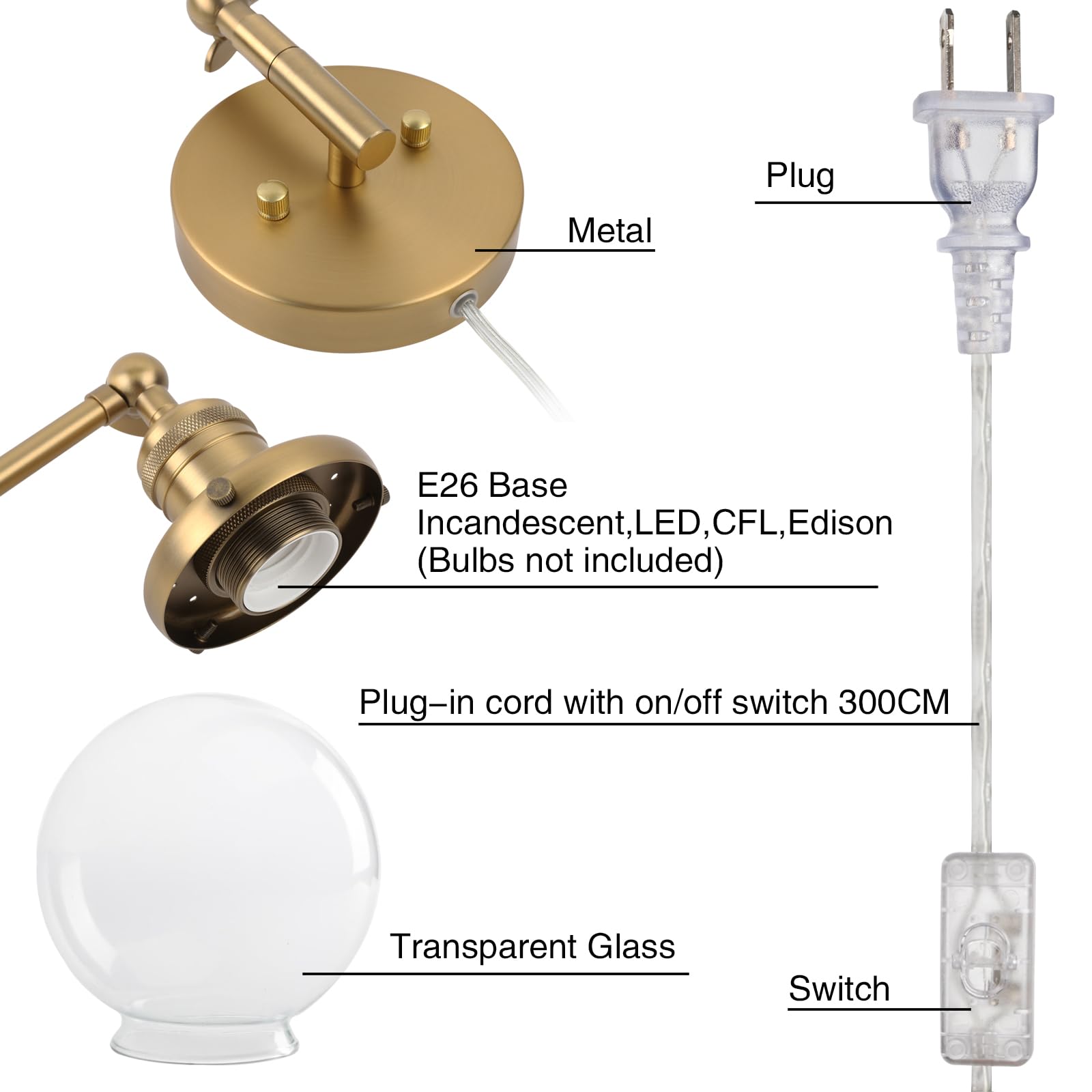 Permo Plug In Wall Sconce Swing Arm Wall Lamp Industrial Sconce With 5.9 Glass Globe Shade For Bedroom, Living Room, Office (Ant