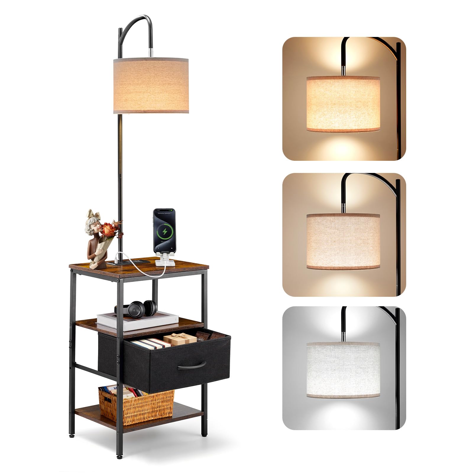 VEVOR Floor Lamp with Table, 3-Tier End Table with Drawer and 3 Color Temperature Lighting, Modern Side Nightstand Bedside Desk 