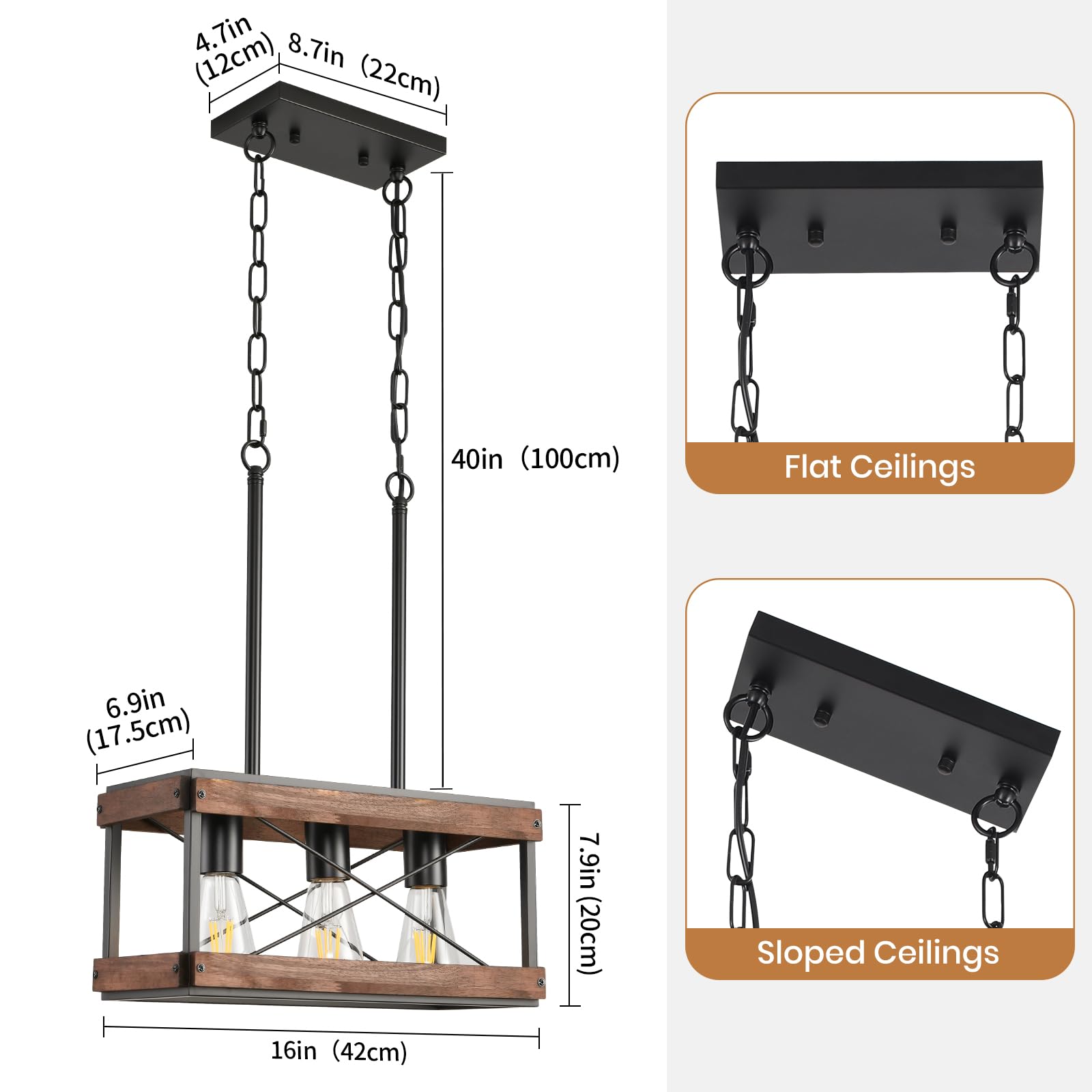 Hoxiya Farmhouse Kitchen Island Light  3 Lights Pendant Lighting Fixture  Rustic Wood Chandelier  Adjustable Height Metal Linear Light For Dining Room Kitchen Bar Pool Table.