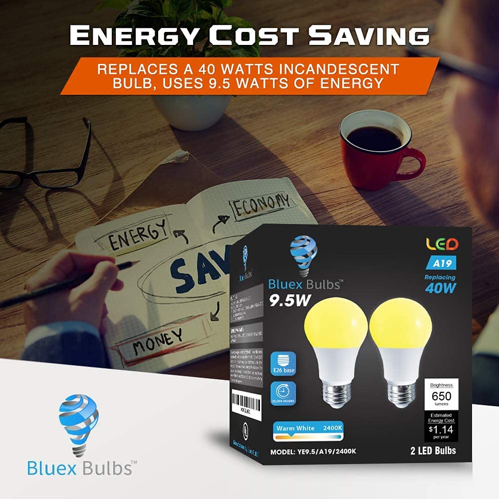 Bluex 4-Pack A19 Amber Yellow Led Bug Light Bulb - No Blue Light, 650 Lumens, 120V E26 Medium Base, 9.5-Watt (60-Watt Replacemen