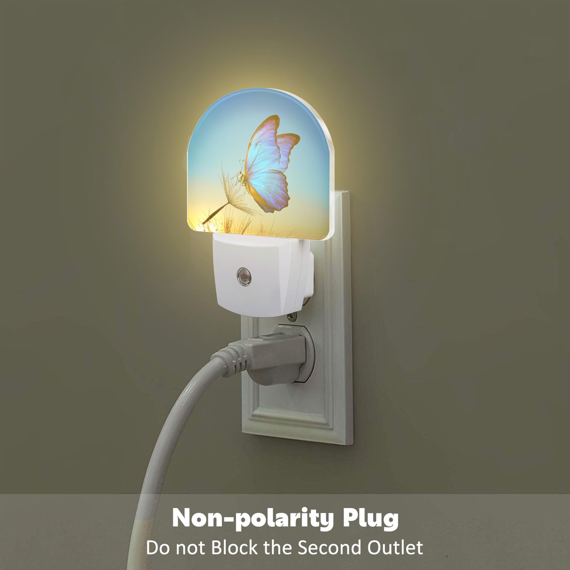 Sndheke Blue Butterfly And Dandelion Night Light Plug Into Wall, Butterfly In The Sunset Dusk To Dawn Night Light,0.5W Energy Sa