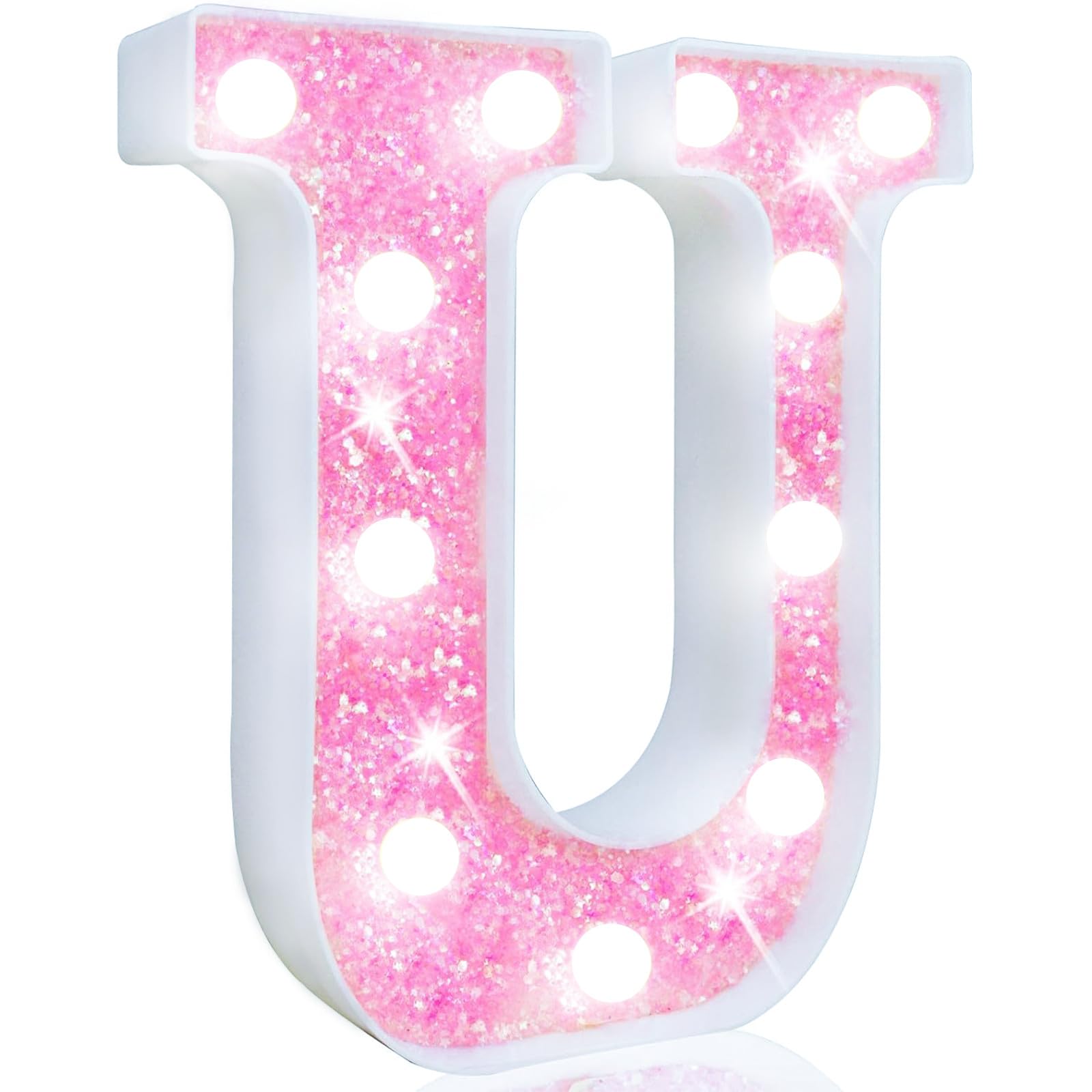 Pooqla Led Marquee Letter Lights  Light Up Pink Letters Glitter Letter Sign For Girls Gifts  Battery Powered For Night Light Birthday Party Wedding Home Bar Christmas Decoration  Cool White Pink U