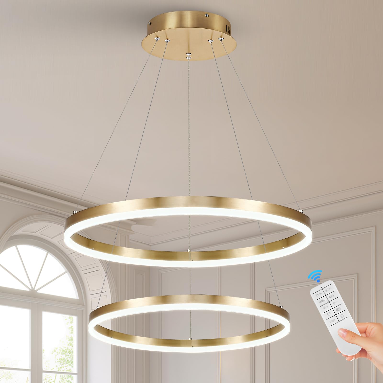 Benkut 2-Rings Modern Led Chandelier Gold For Dining Room, Circular Flush Mount Ceiling Chandelier Light Dimmable Pendant Light With Remote Control For Living Room Entrance Foyer, 3000K-6500K