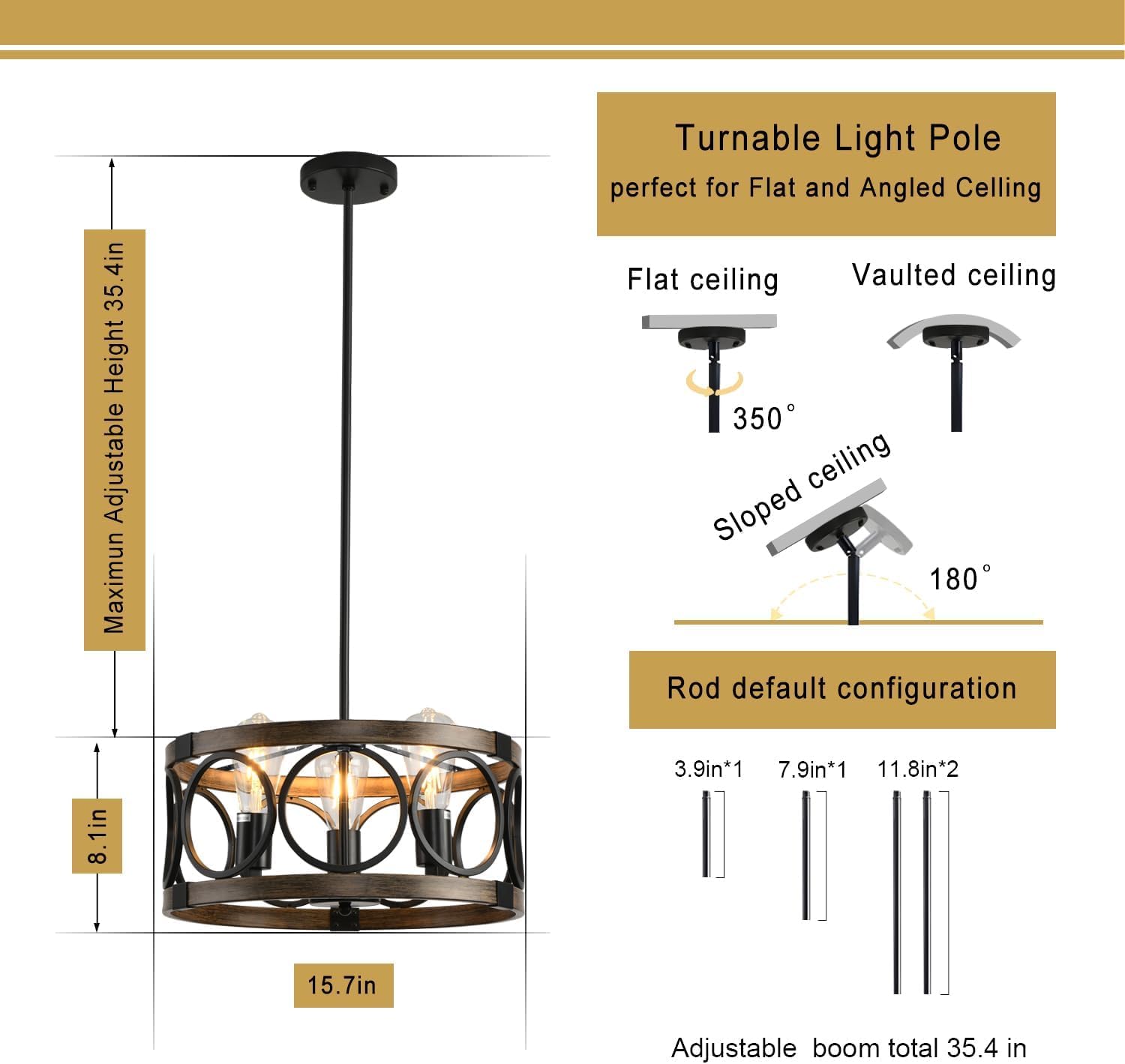 Shiandar 15.7'' Drum Chandelier, 3-Light Adjustable Height Round Dining Roomchandeliers, Black Light Fixture Ceiling Mount Wood Grain Finish, Farmhouse Ceiling Light Fixture For Hallway