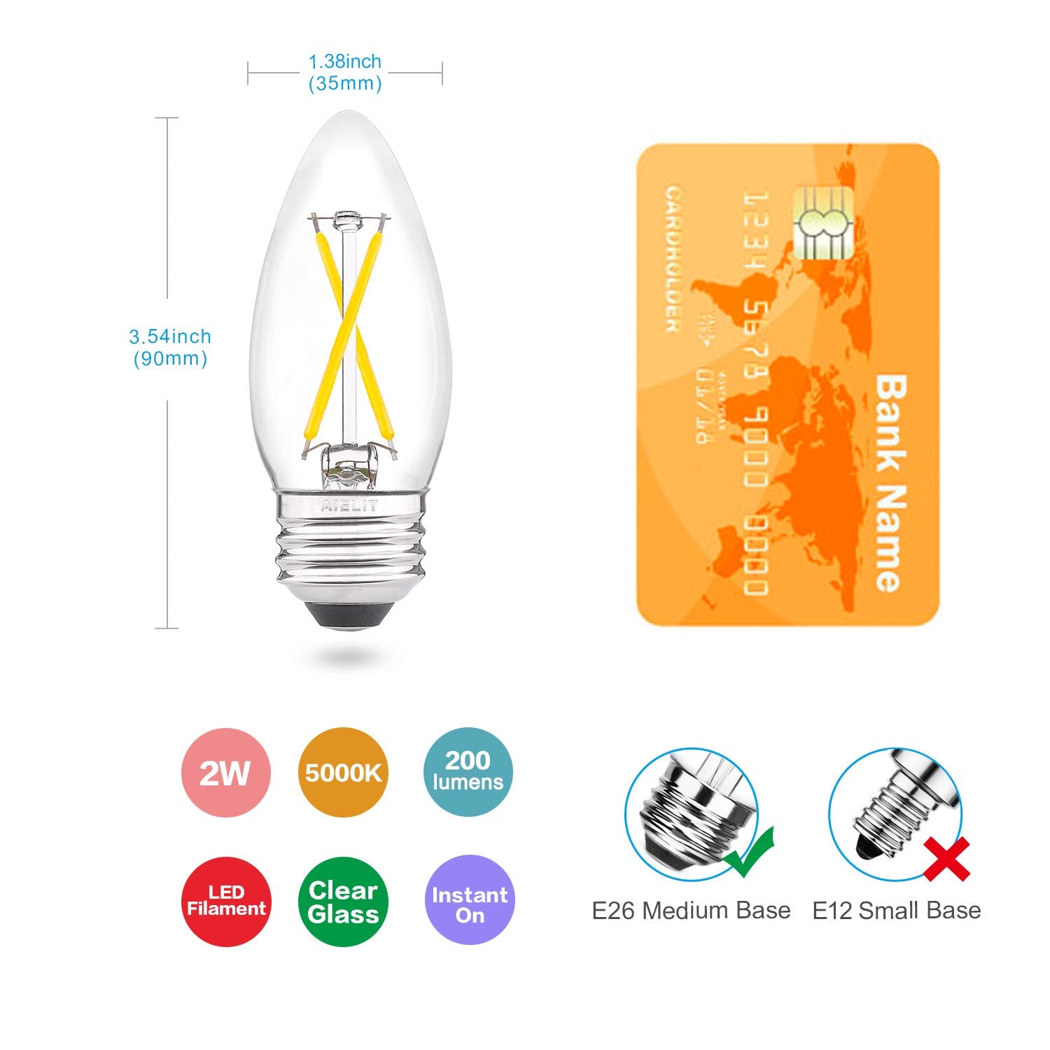 Aielit Dimmable E26 Led Candelabra Bulb 25 Watt Equivalent, Daylight White 5000K, 120V 200Lm, 2W B11 Chandelier Light Bulbs For