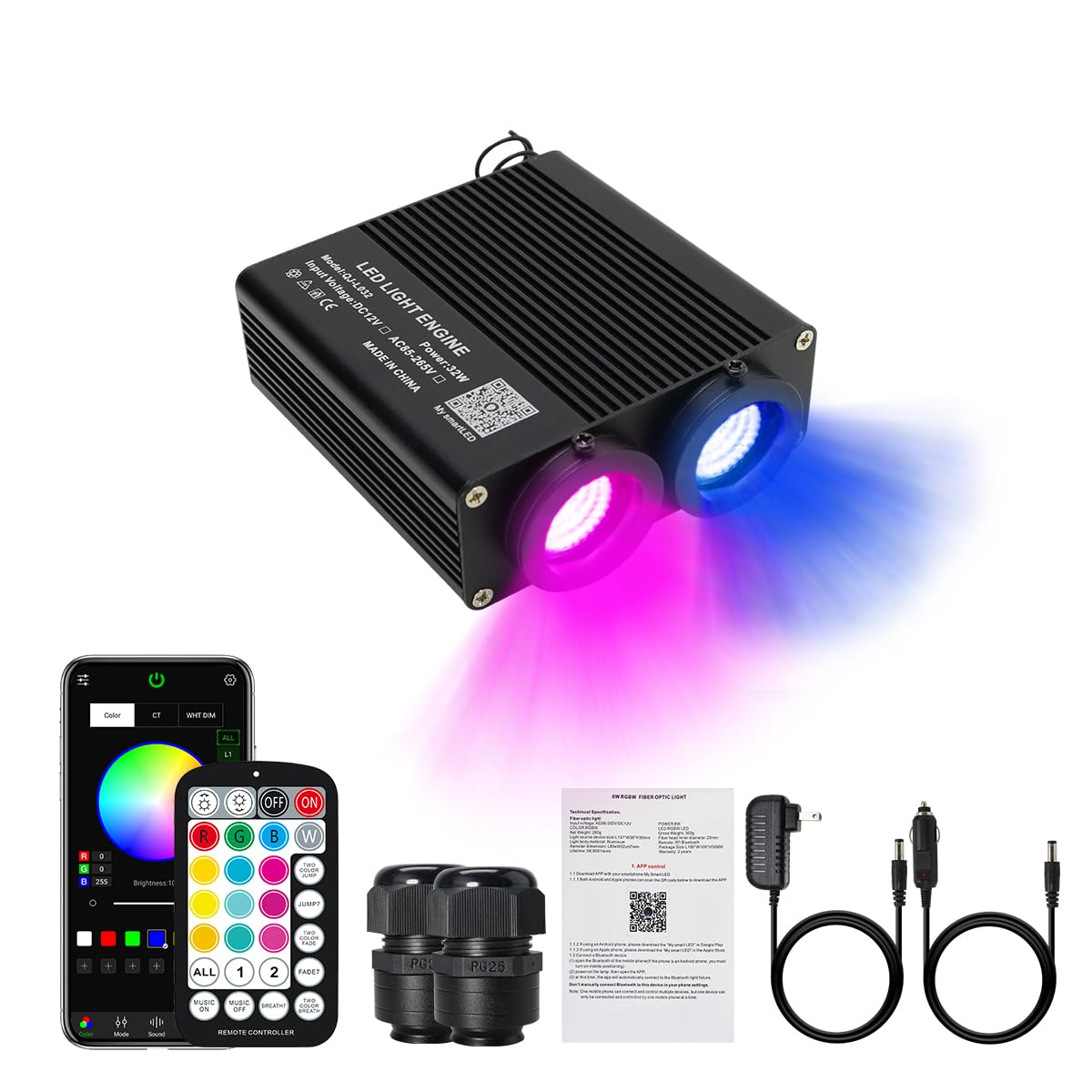 AKEPO Dual-Head Fiber Optic Light Engine, APP Control, Music Activated, 32W, Black, Model QJ-L032