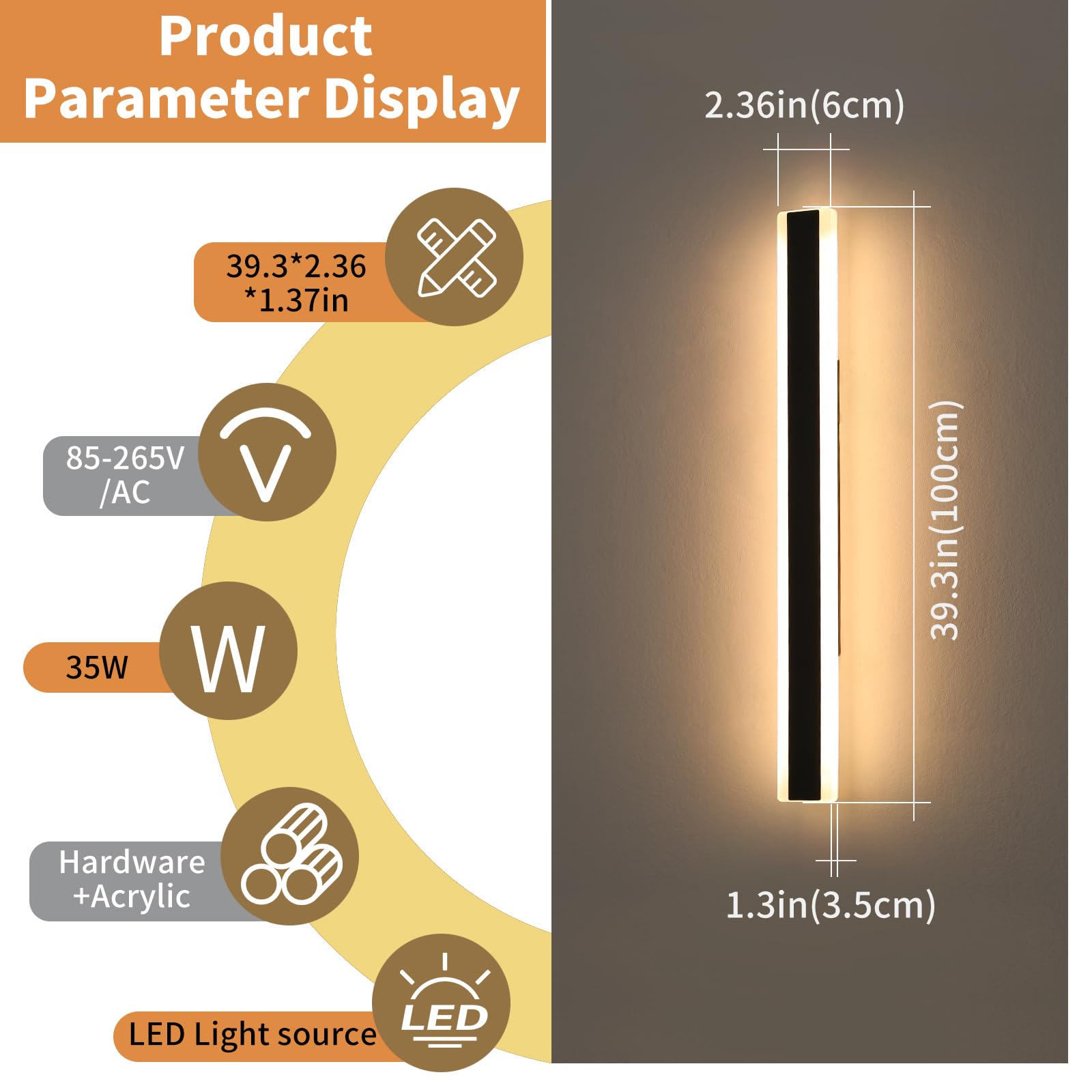 Daoseolo 39inch Outdoor Wall Sconces, Dimmable 3 Color IP65 Waterproof, Iron, Model TC-FTBD-1112