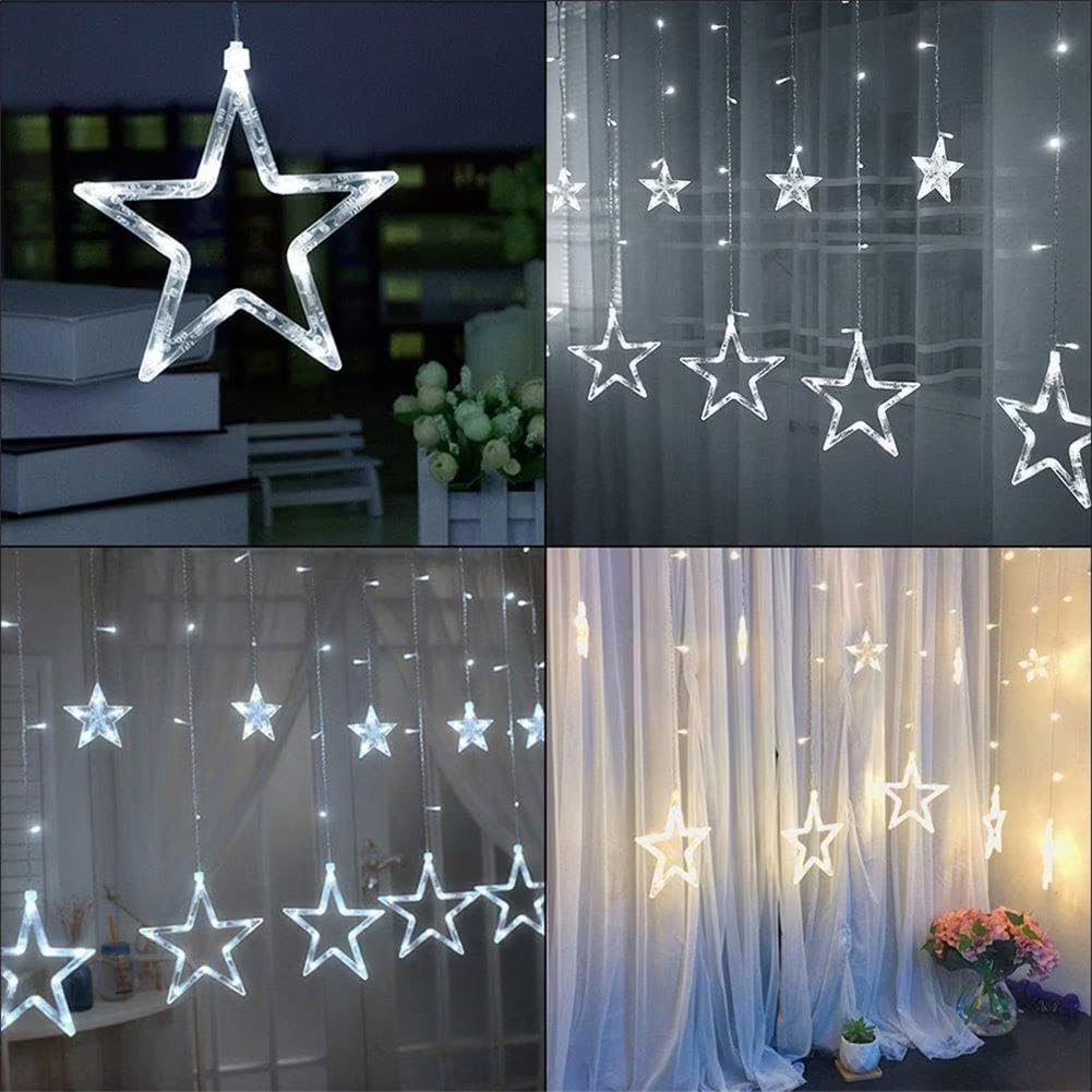 Star Curtain Lights For Bedroom - Plug-In 9Ft 138 Led Fairy Twinkle Lights With 12 Star Drops, Connectable Window Lights With Remote 8 Lighting Modes For Indoor Xmas Ramadan Decoration, White