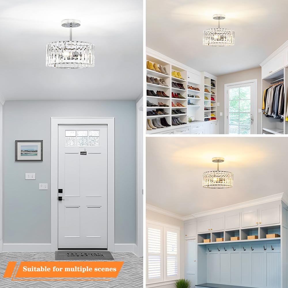 Lxybcce Modern Crystal Ceiling Light  Chrome Semi Flush Mount Ceiling Lighting Fixture  Hallway Light Fixtures Chandelier For Kitchen  Bedroom Dining Room Hallway Closet  3-Light  12 Inch