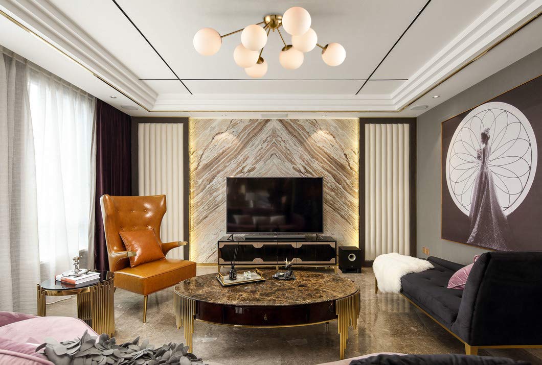 HOLKIRT 8-Light Globe Semi Flush Mount Ceiling Light, Brass Glass Mid Century Sputnik Chandelier, Model 723576372097