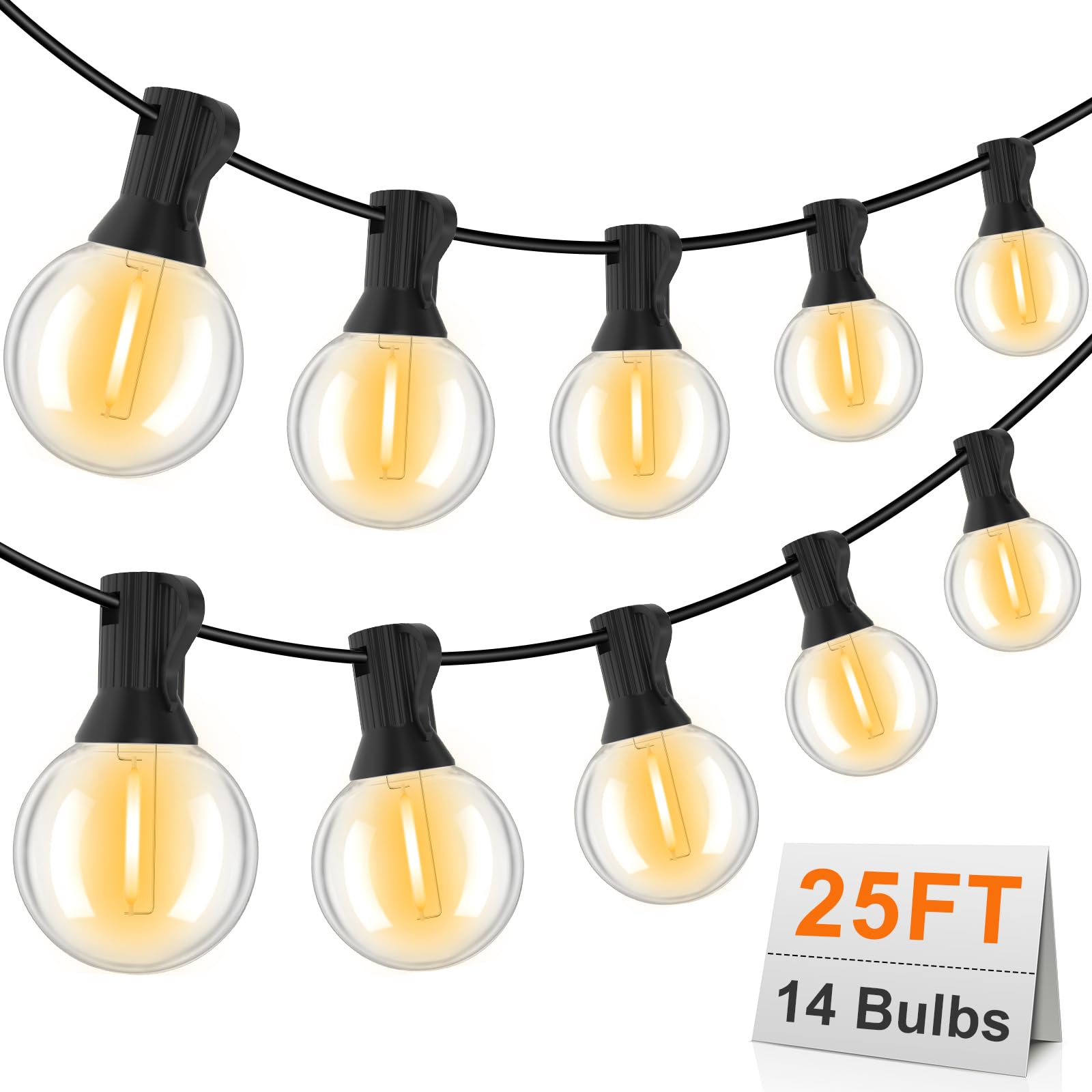Gvvoohome Outdoor String Lights, Led Patio Hanging Lights With Waterproof G40 Globe Plastic Bulbs For Outside Backyard Porch Garden Cafe Decor (25Ft - 14 Led Bulbs)