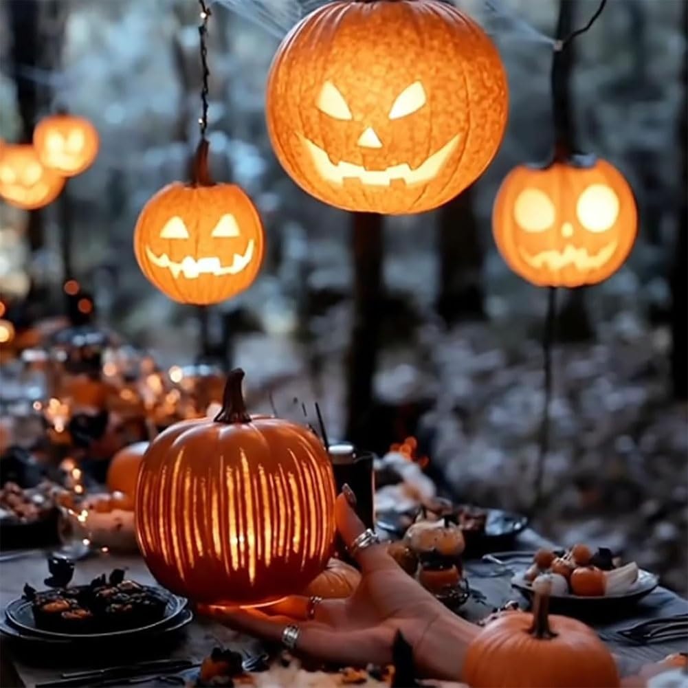 Starry Night Glass Pumpkins, Cherishous Twinkle LED Light Pumpkins, Halloween Pumpkin Night Light, Set of 2 with Built-In Timer,