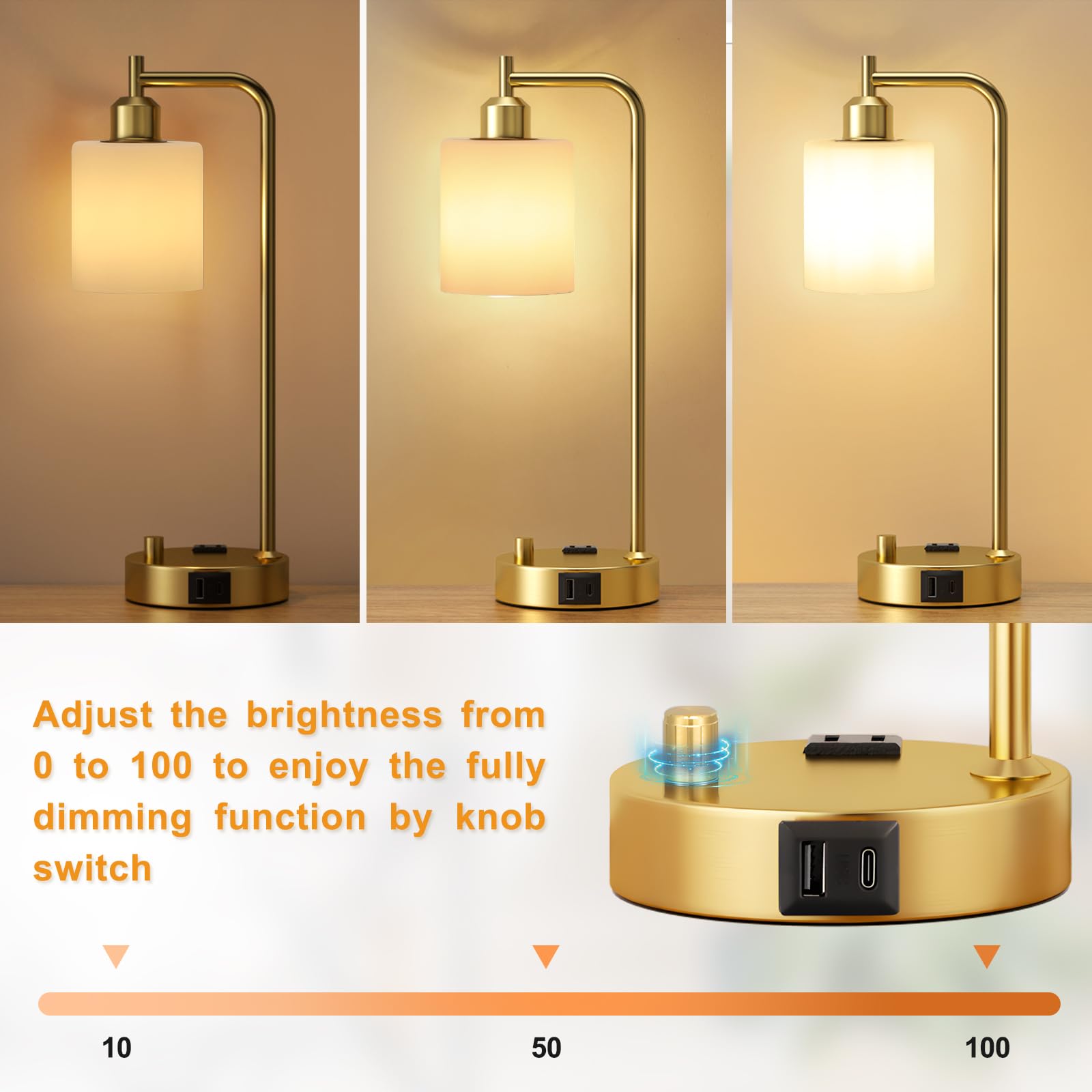 Innqoo Industrial Table Lamps For Bedroom Set Of 2 - Fully Dimmable Bedside Lamps With Usb Ports And Outlet, Gold Nightstand Lam