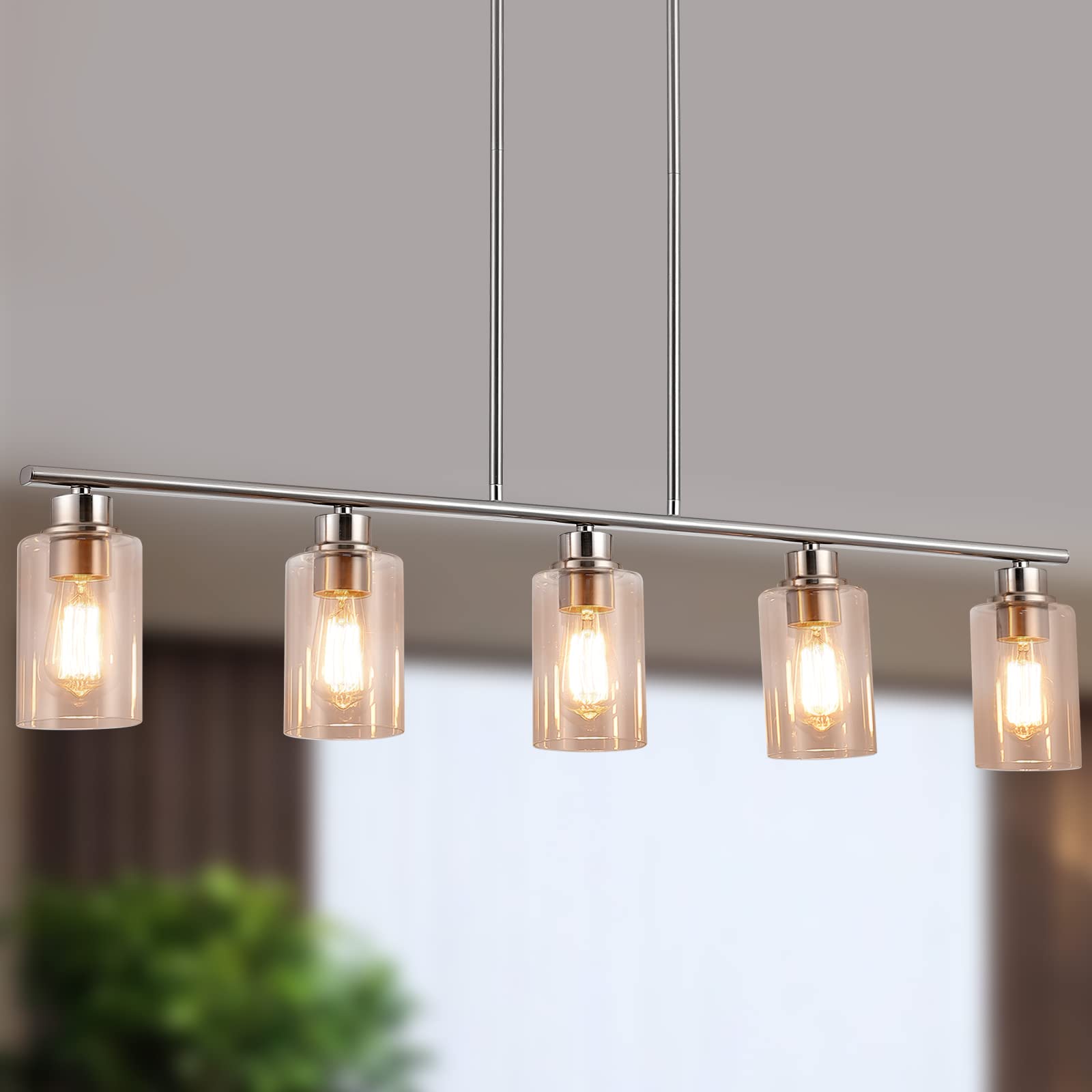 Mavcadonf Kitchen Island Light, 5-Light Pendant Lighting, Farmhouse Dining Room Light Fixtures For Kitchen Island Dining Living Room, Brushed Nickel With Clear Glass Shade