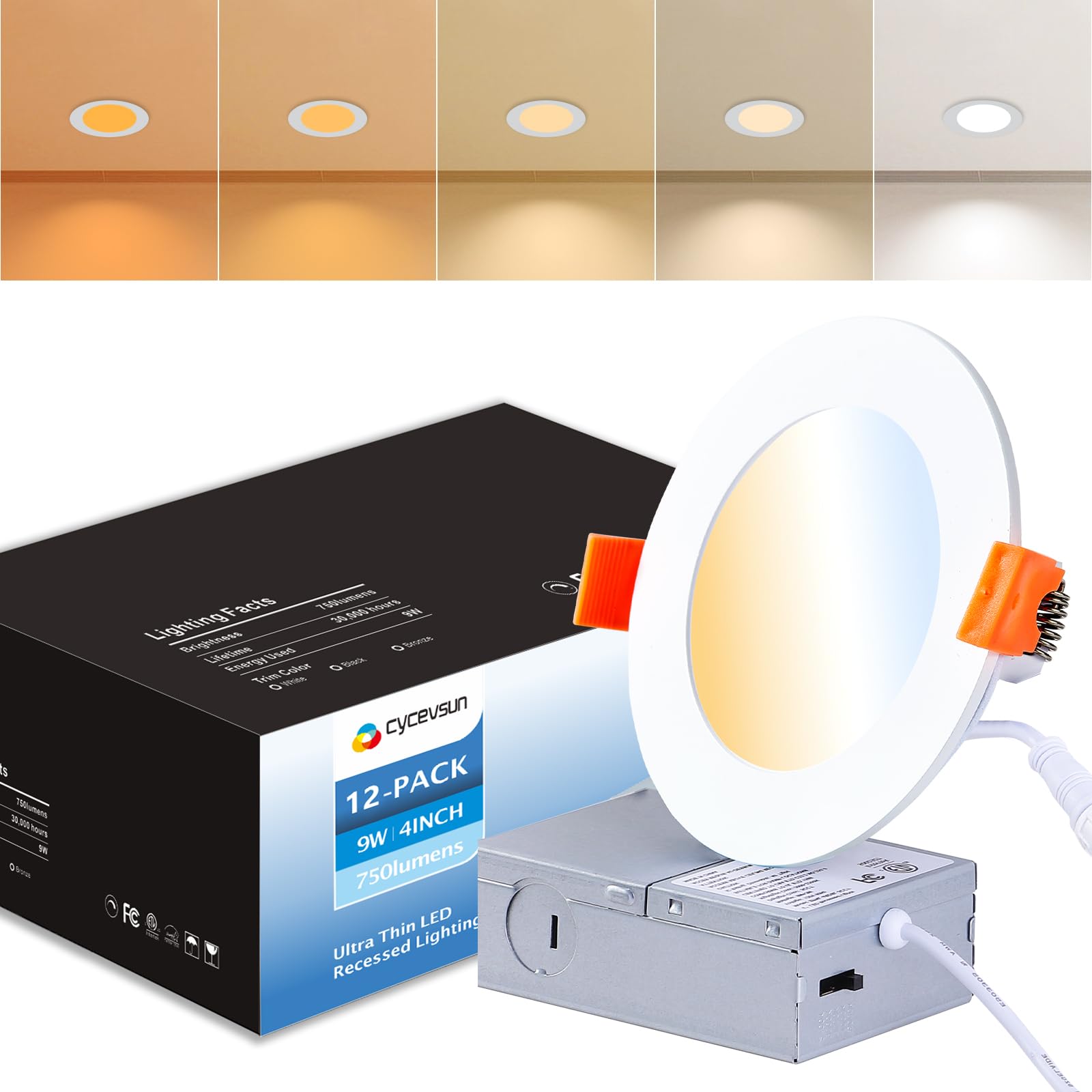 Cycevsun Recessed Lighting 4 Inch Canless Wafer Pot Lights, Dimmable & 5 Color Selectable, 9W, 120V, Ic Wet Rated, Etl, 12 Pack