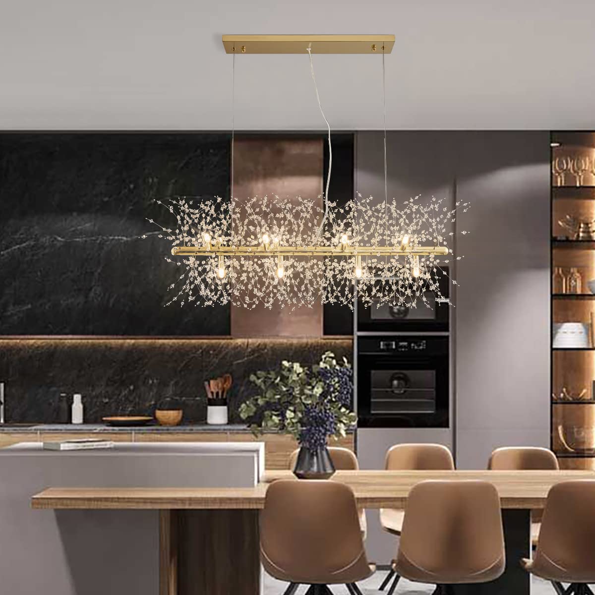 KJLARS Modern Crystal Firework Chandelier, Linear Lighting Fixtures Hanging, Gold Dandelion Chandelier LED Pendant Lighting for 