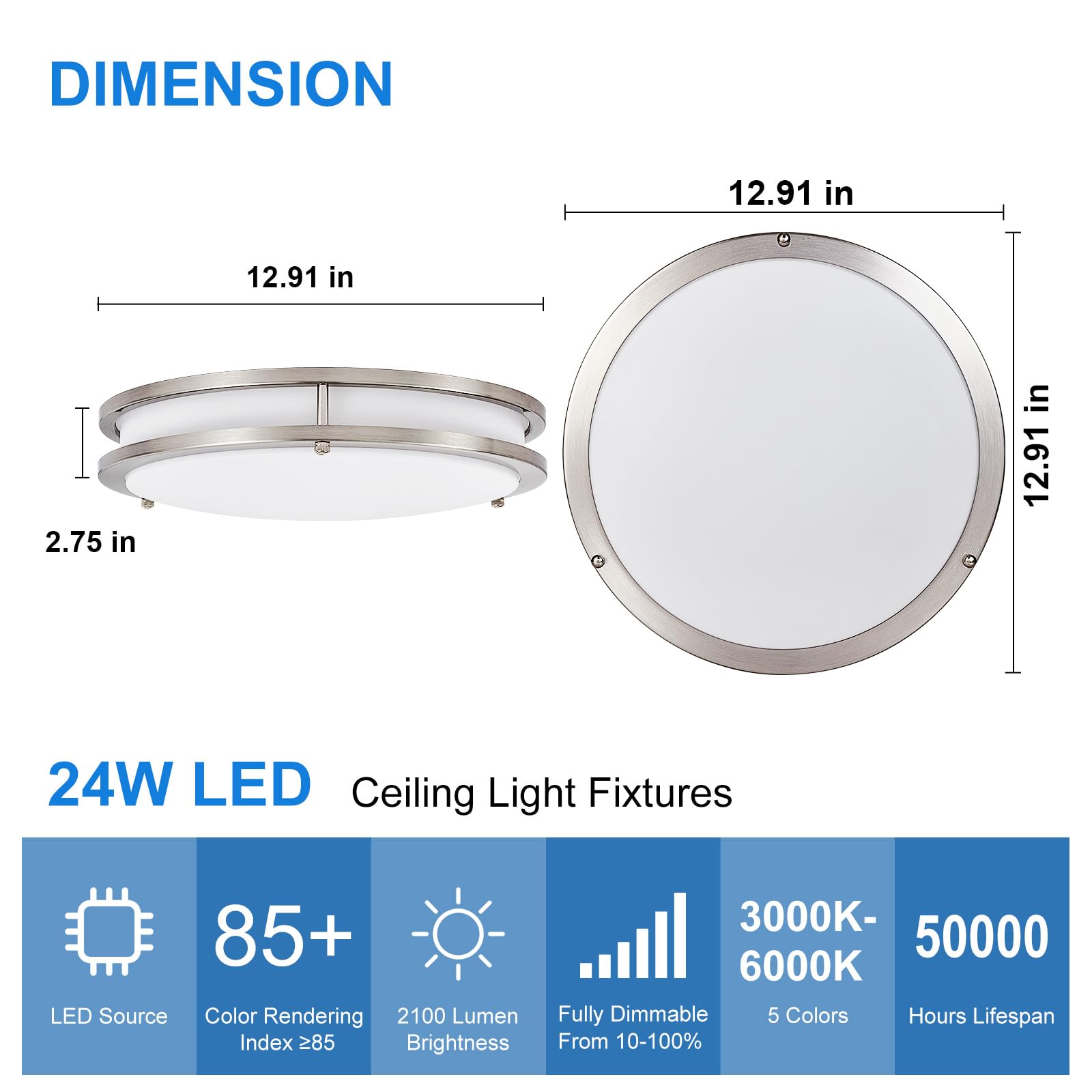 Dllt 2Pack Flush Mount Led Ceiling Light: 13 Inch 5Cct (3000K-6000K) & Dimmable Ceiling Light Fixtures For Bedroom Hallway - 24W Modern Brushed Nickel Super Bright Kitchen Lighting Fixtures Ceiling