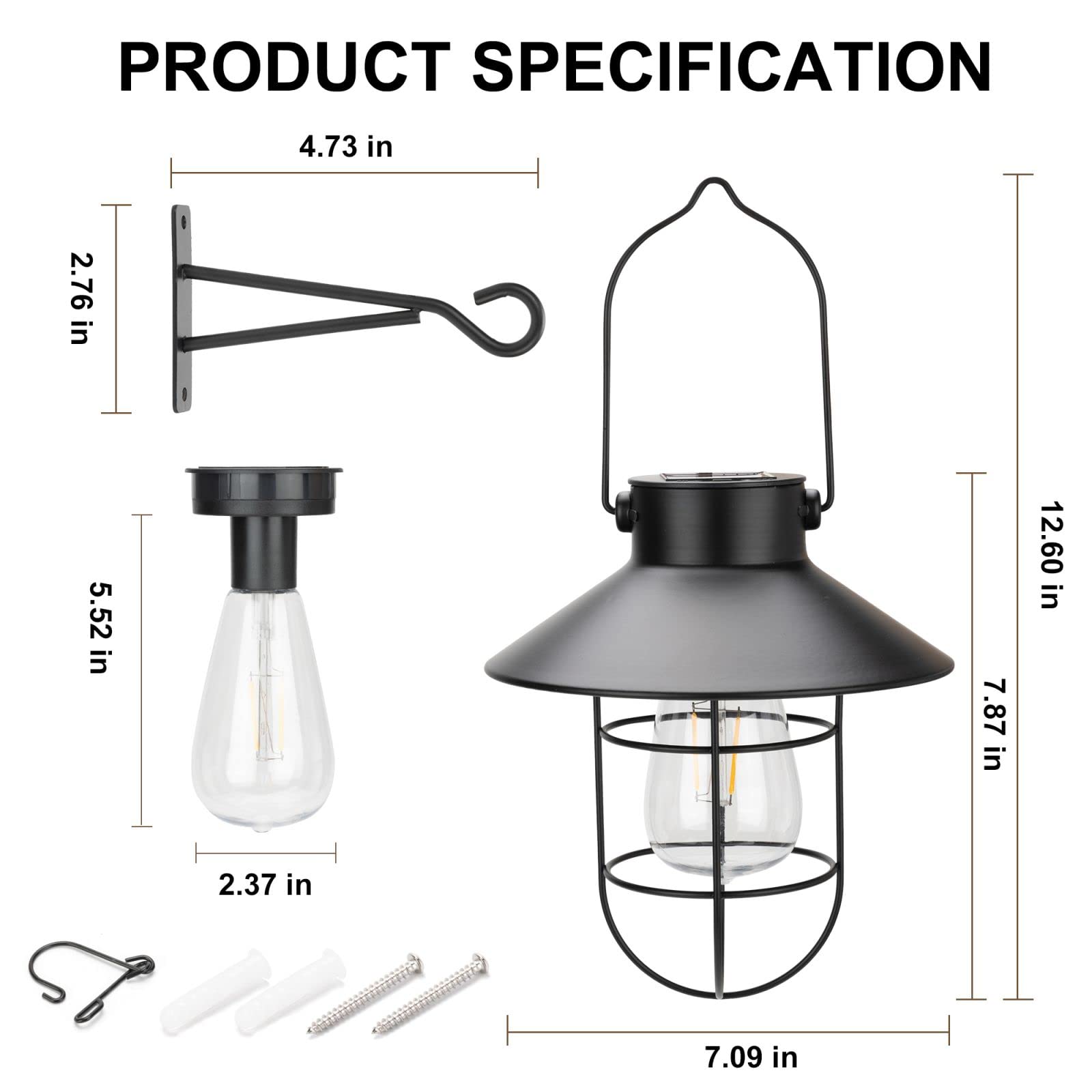 pearlstar Solar Lantern Outdoor Light - 2 Packs, Metal, Warm White Edison Bulb, Medium Size, Black, Model 049-M-pk2