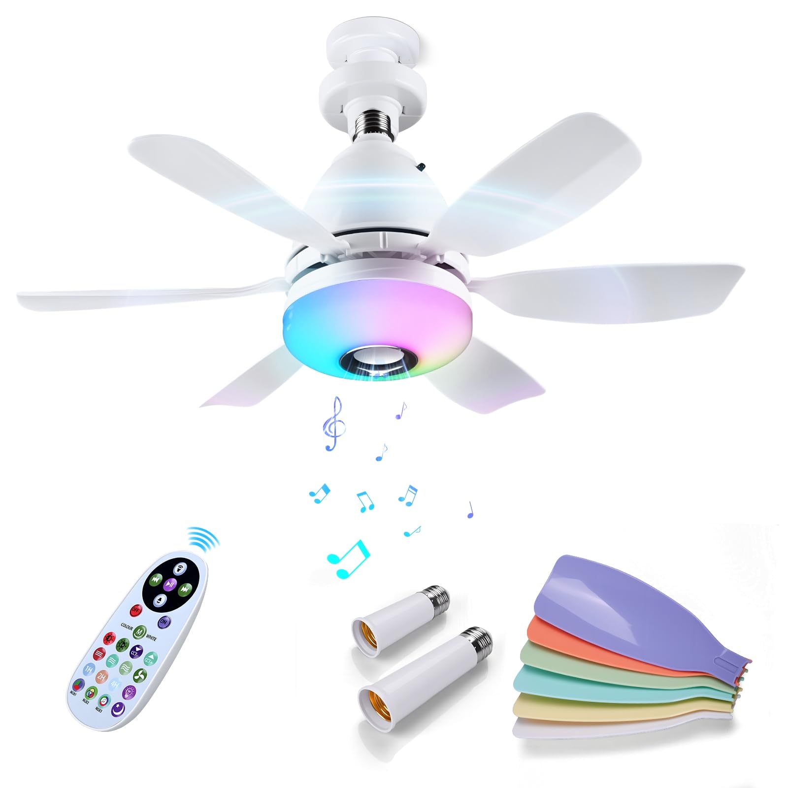 MMOBIEL Socket Fan Light with Remote LED Ceiling Fan Bulb with Bluetooth Speaker, Music Sync, 7 RGB Modes, 3000K-6500K Dimmable,