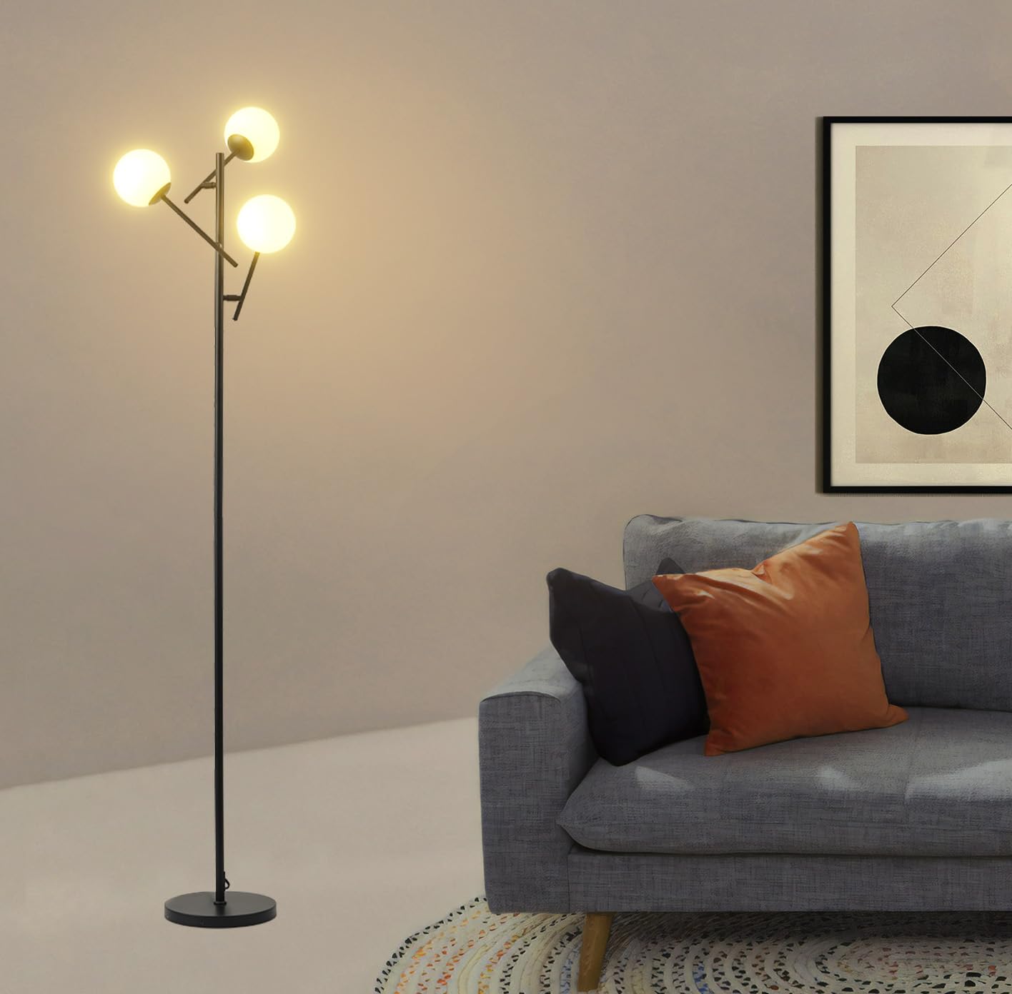 Fiqevs 3 Globe Mid Century Floor Lamp, Modern Standing Lamp with Rotatable Glass Shades and LED Bulbs, Vintage Sputnik Tree Tall