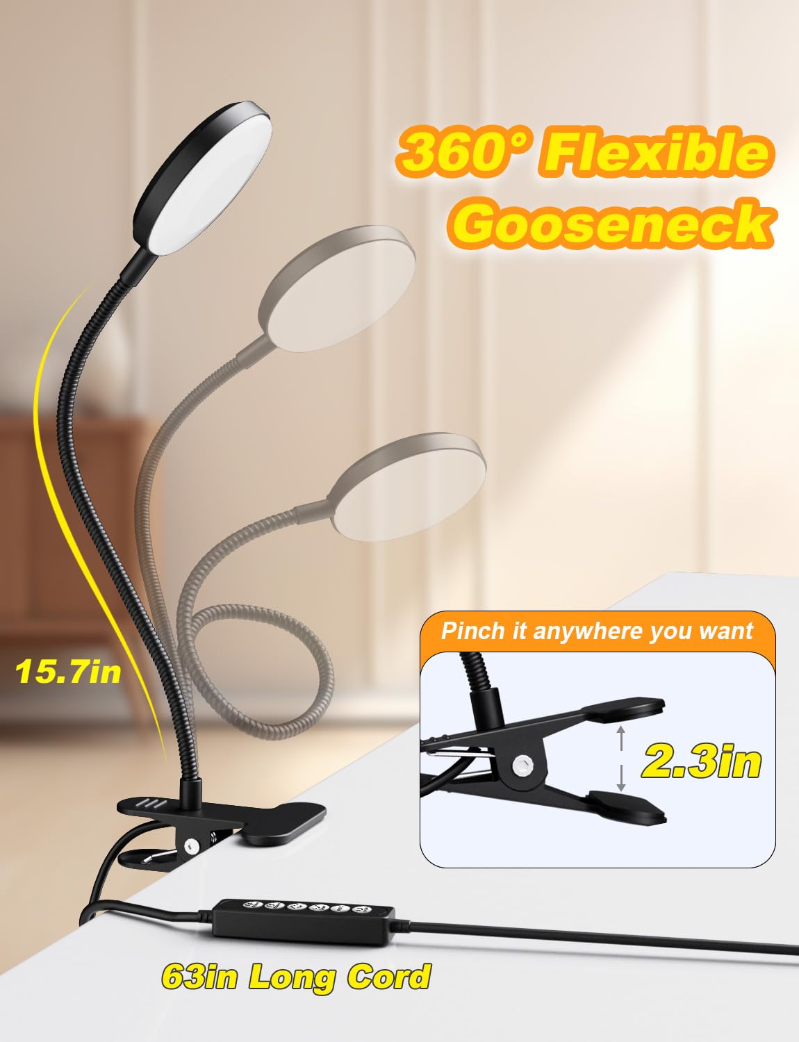 Reifeiniwei Desk Lamp With Clamp,2-In-1(10W) Gooseneck Led With Rgb Ambient Light&Warm White Light,Book Light Color Changeable/R