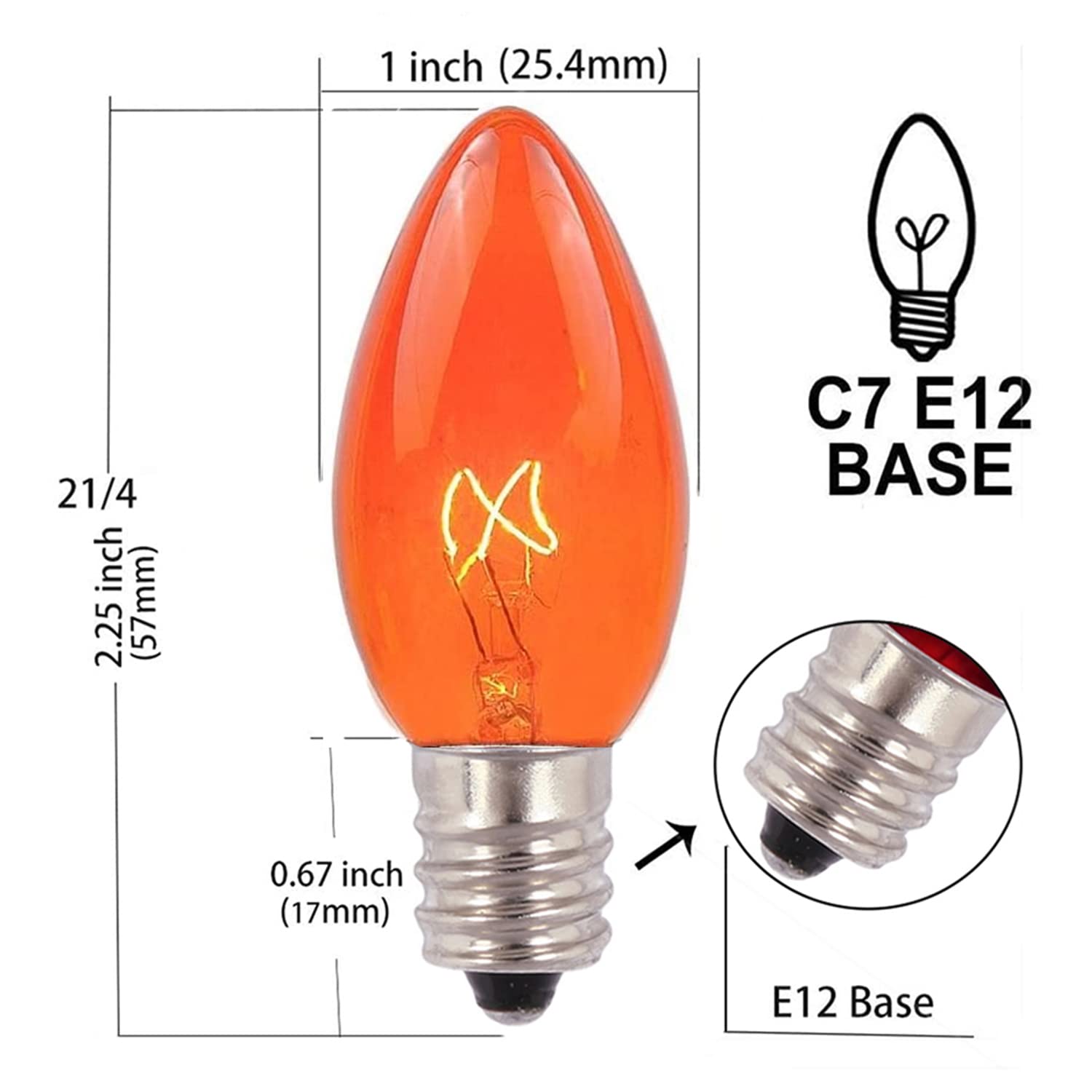 Couah C7 Glass Replacement Bulbs, 25 Pack, Orange, 5 Watt for Outdoor String Lights