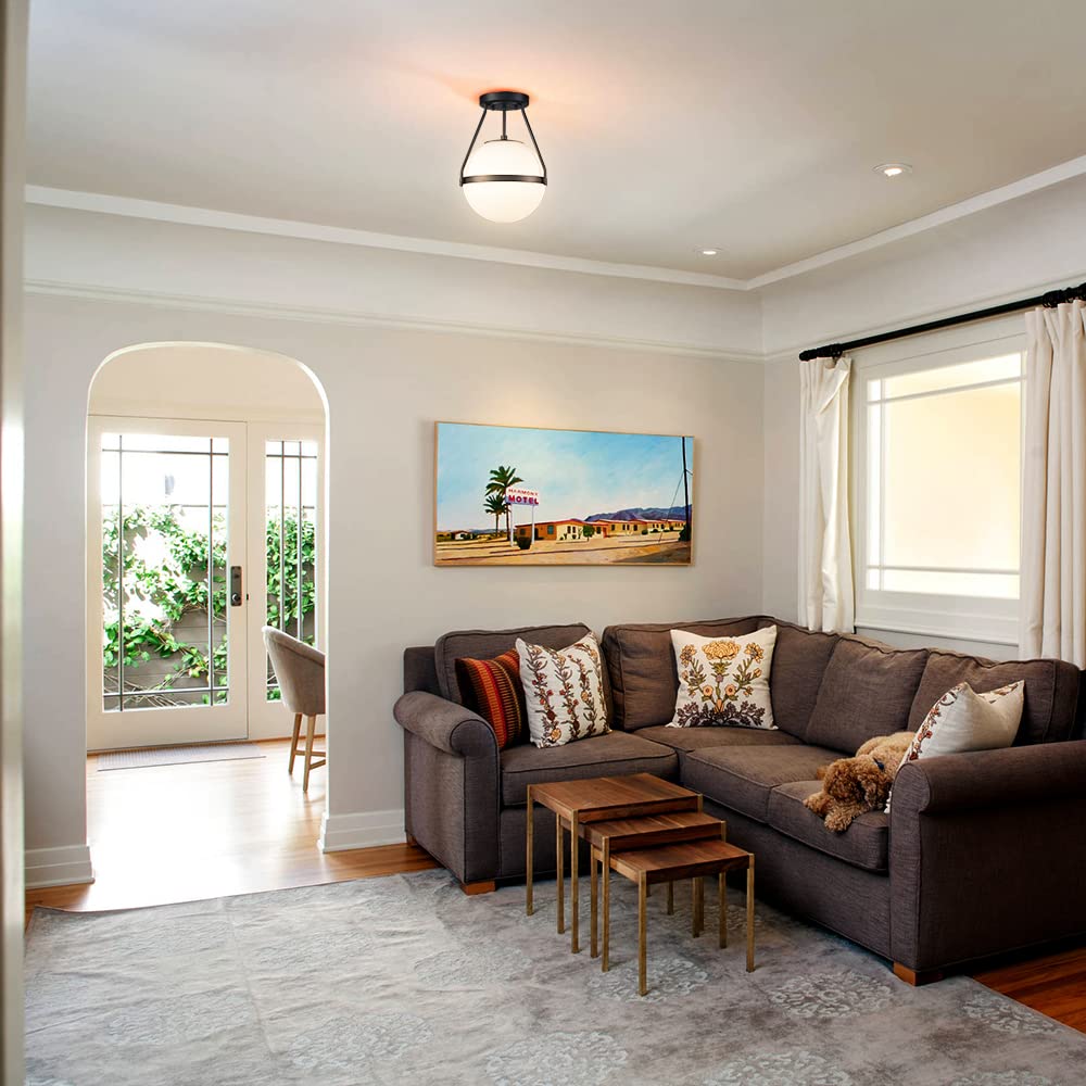 HOLKIRT Mid Century Semi Flush Mount Ceiling Light, 10 Inch Globe, Black Metal with White Opal Glass Shade, Model HB7106CU-BK