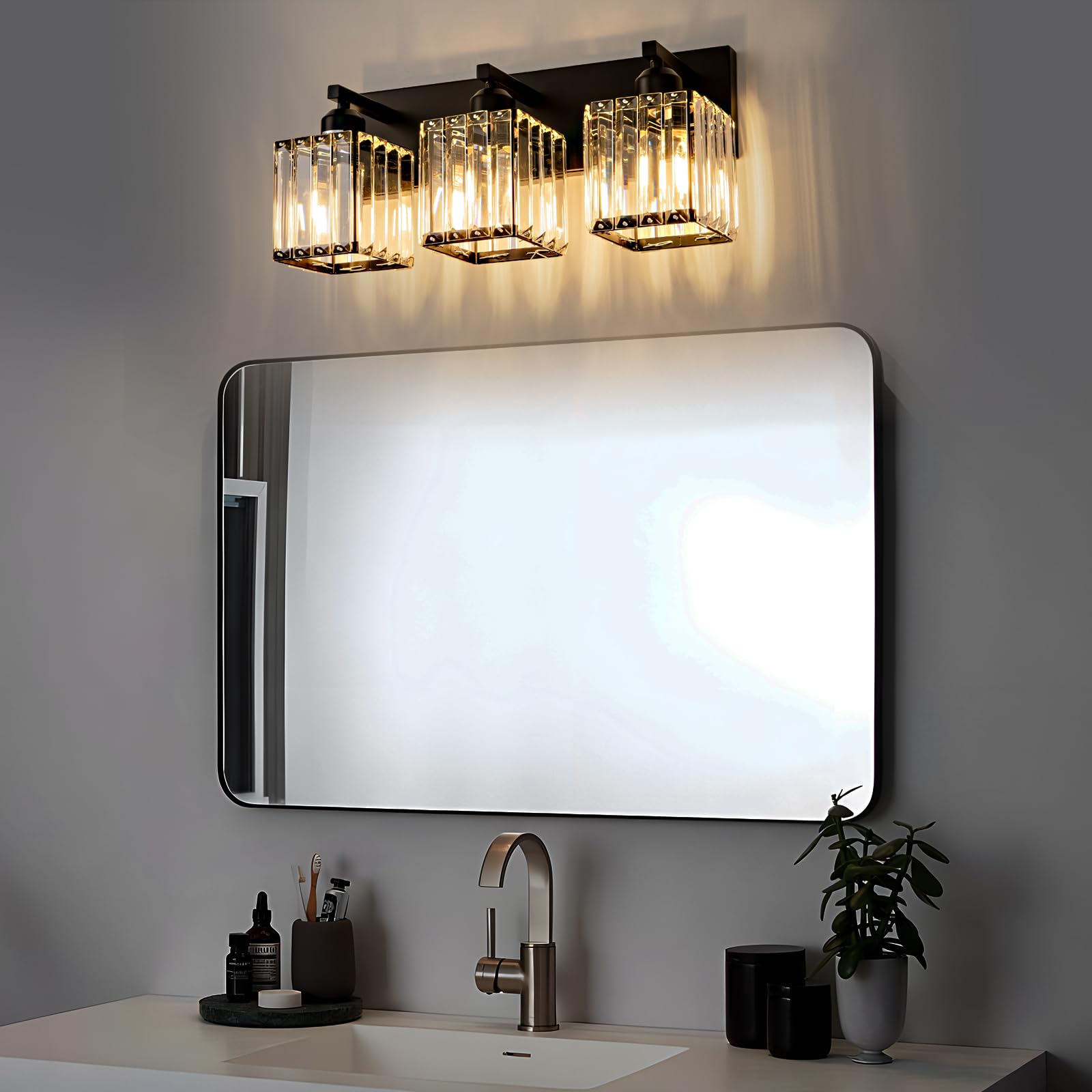 Aixialin Black Bathroom Vanity Light, 3-Light Crystal Wall Fixture, Metal, Model 600-100-1011