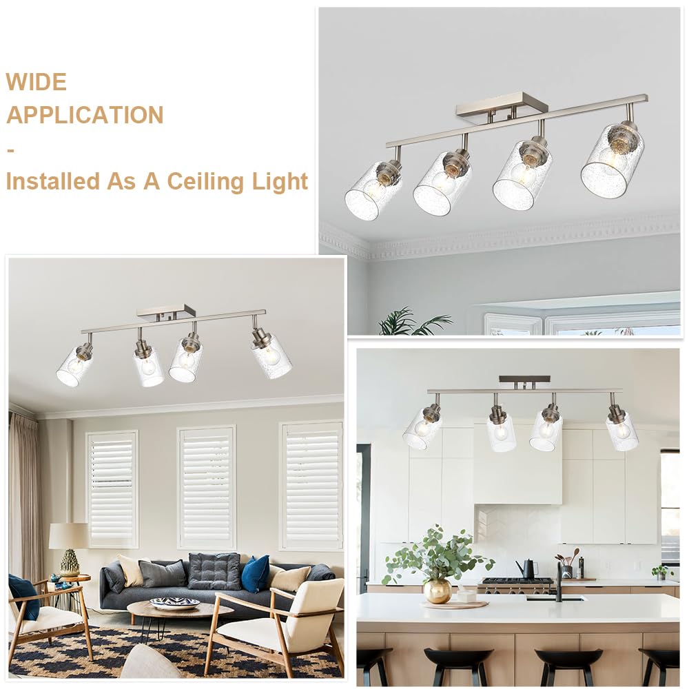Winshen 4-Light Track Lighting Fixtures, Rotatable Track Head Bathroom Vanity Light Ceiling Spotlight Brushed Nickel, Seeded Gla