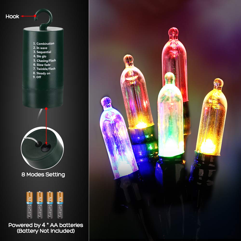 LYHOPE Battery Operated Christmas Lights, 33ft, 100 LED, Waterproof, 8 Modes, Multicolor, Model JJMAHBL06