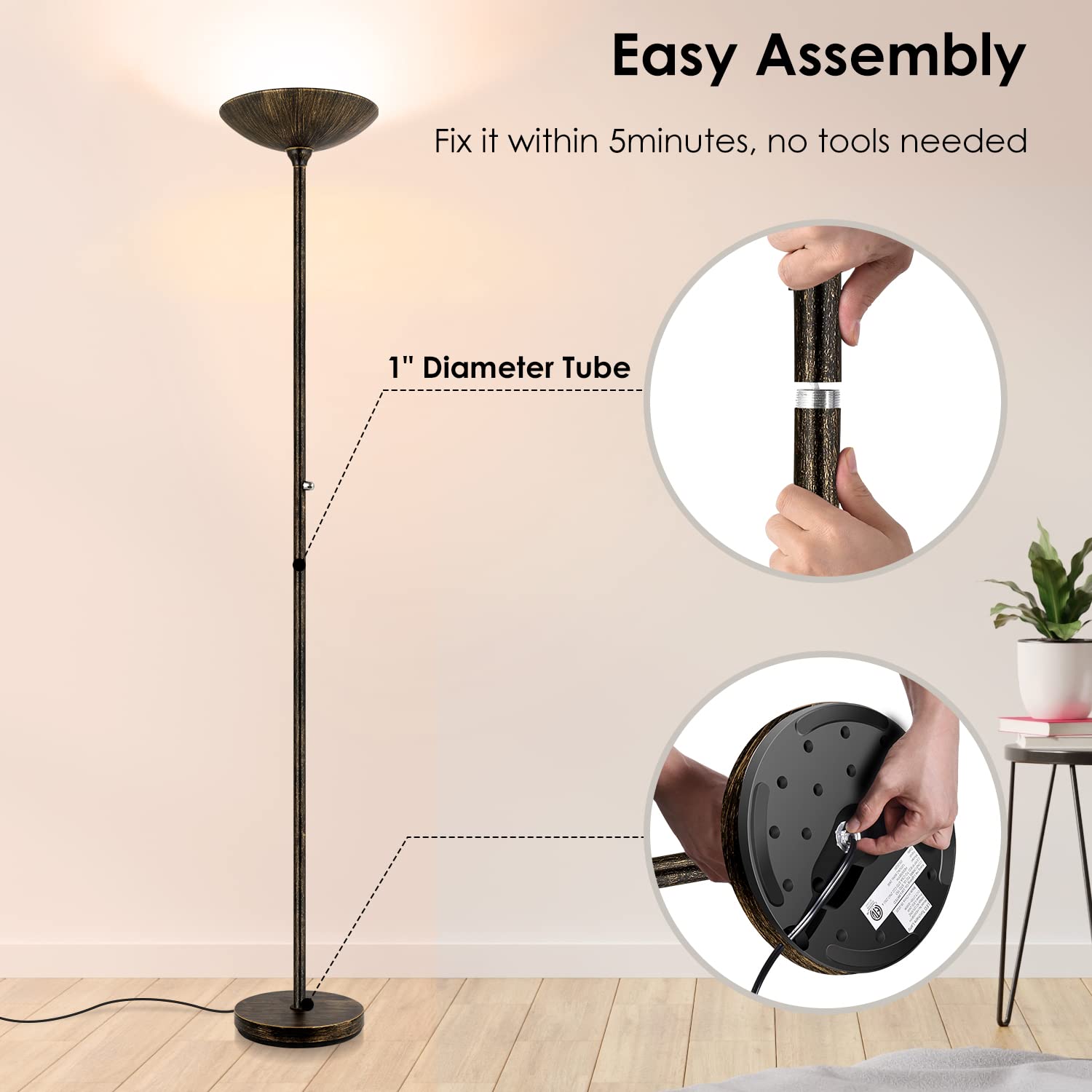 BoostArea Torchiere Floor Lamp, 24W LED, Dimmable, 70 Inch Tall, Antique Bronze, Model B0303