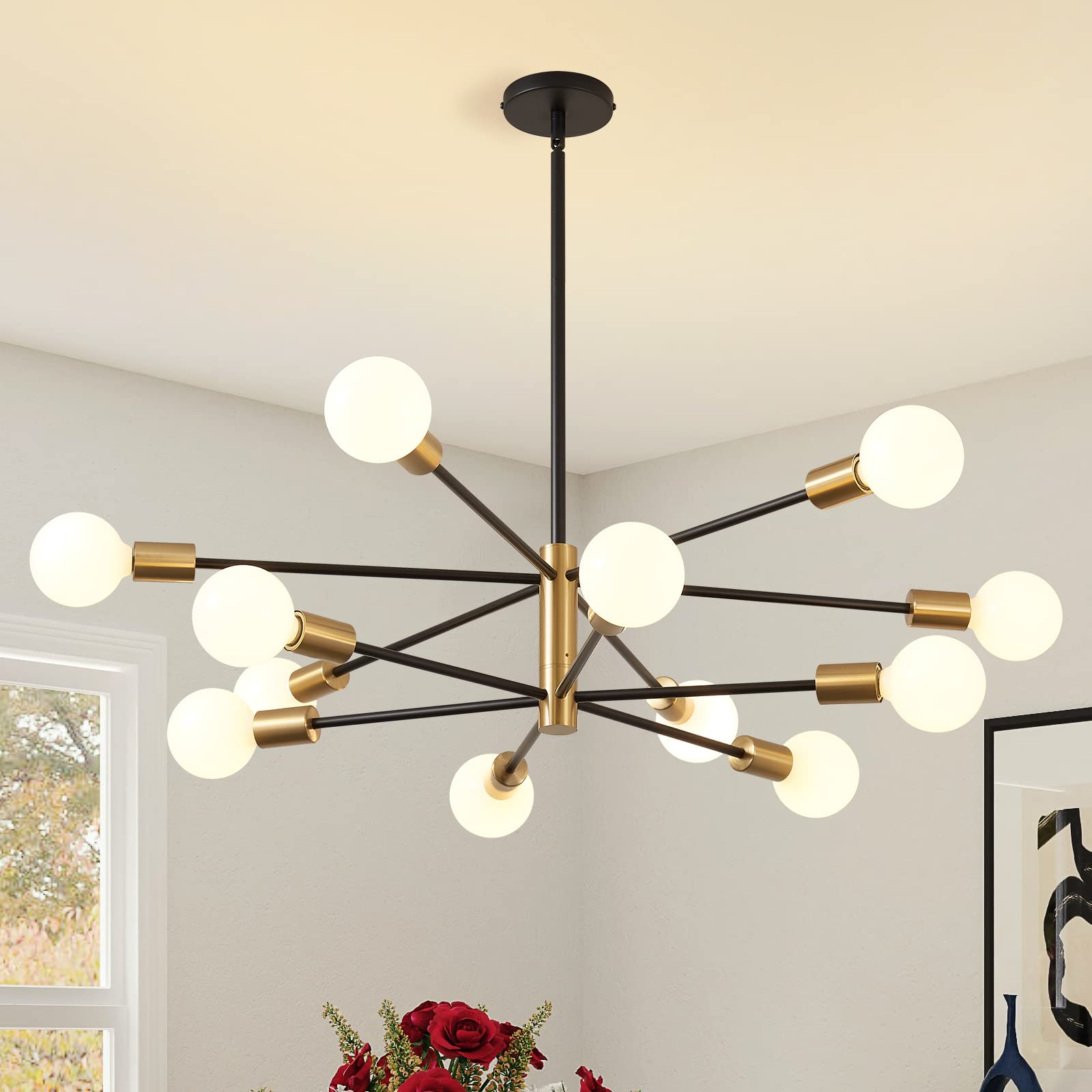 Kaisite 12-Light Modern Sputnik Chandelier - Black Gold Fixture For Dining Room & Kitchen