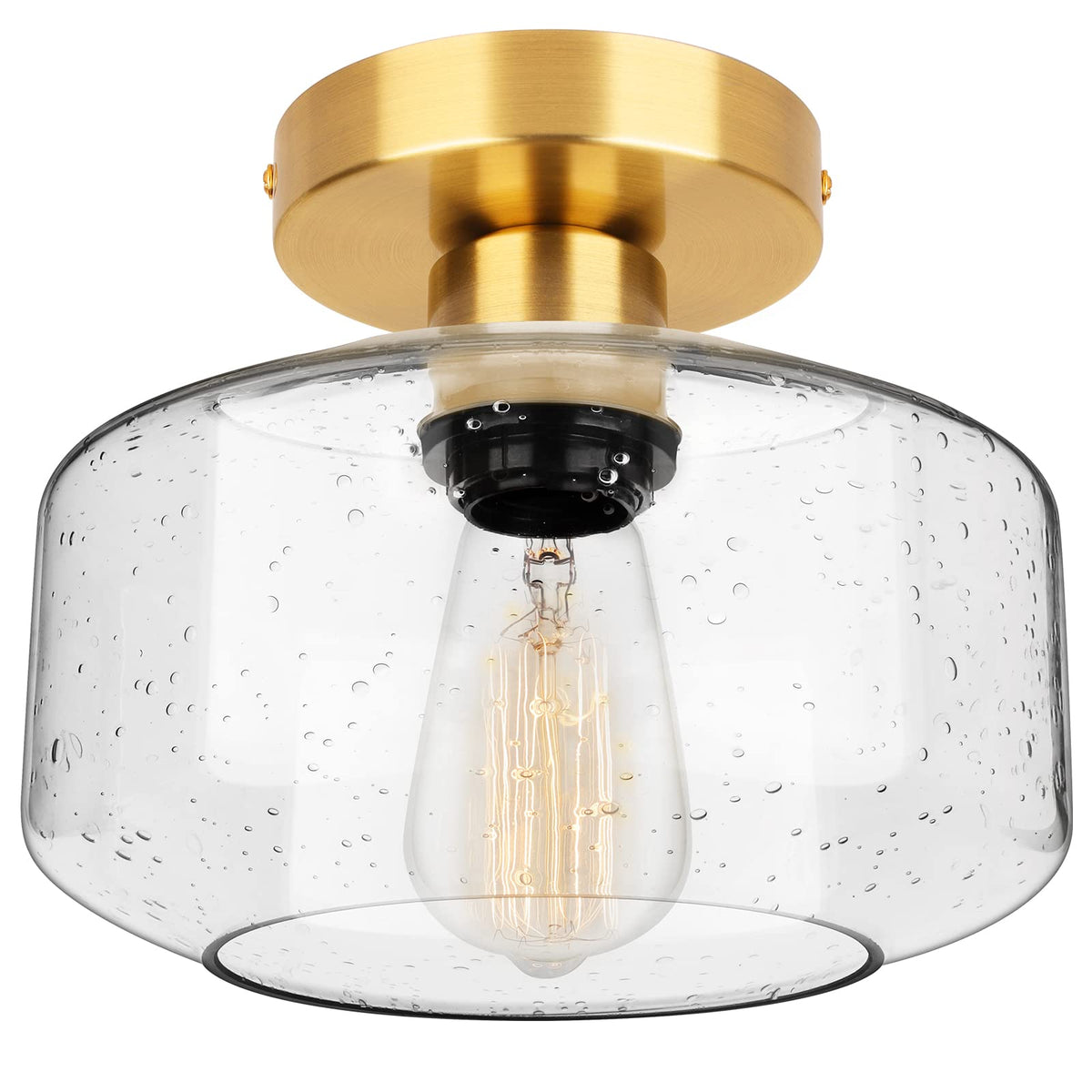 SunRider Industrial Semi Flush Mount Ceiling Light Fixture, Seeded Glass Pendant Lamp, Brushed Golden Metal Base, Gold Farmhouse