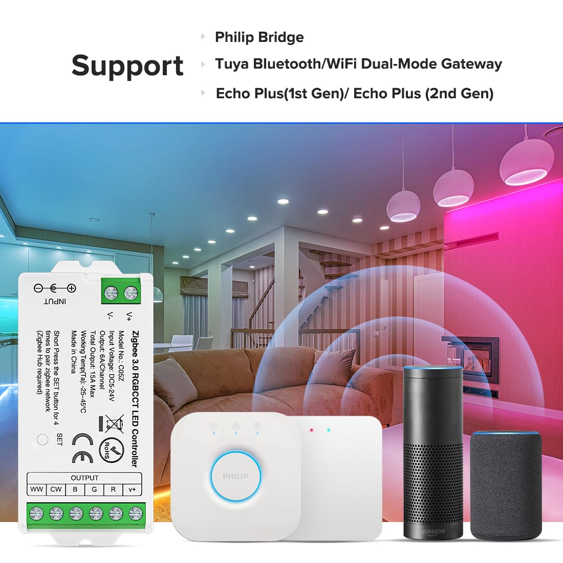BTF-LIGHTING Zigbee RGBCCT LED Controller C05Z, 6 Pin, DC5V/DC12V/DC24V, White, Compatible with Echo Plus and HomeKit