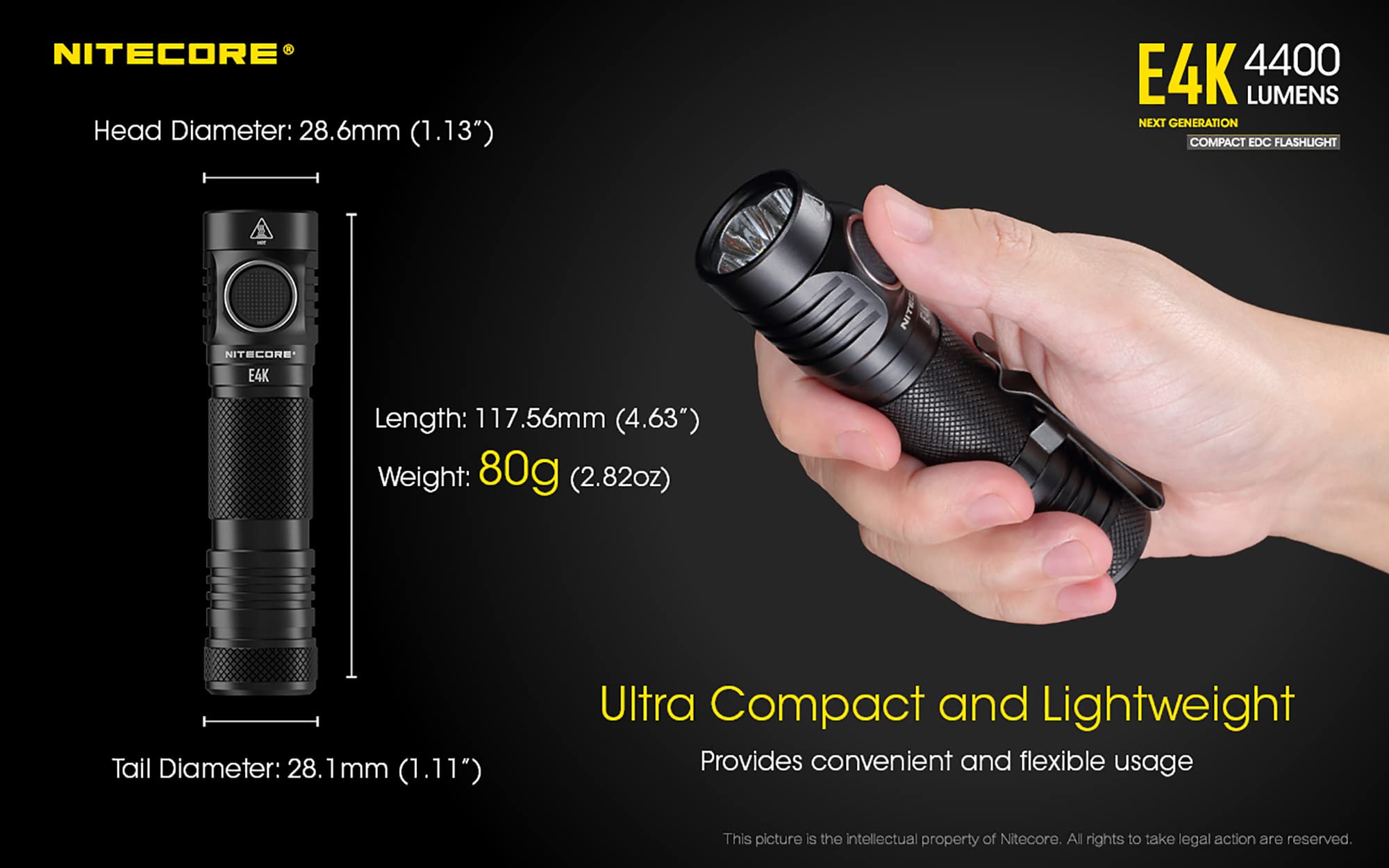 Nitecore E4K 4400 Lumen Edc Compact Rechargeable Flashlight With Lumentac Organizer