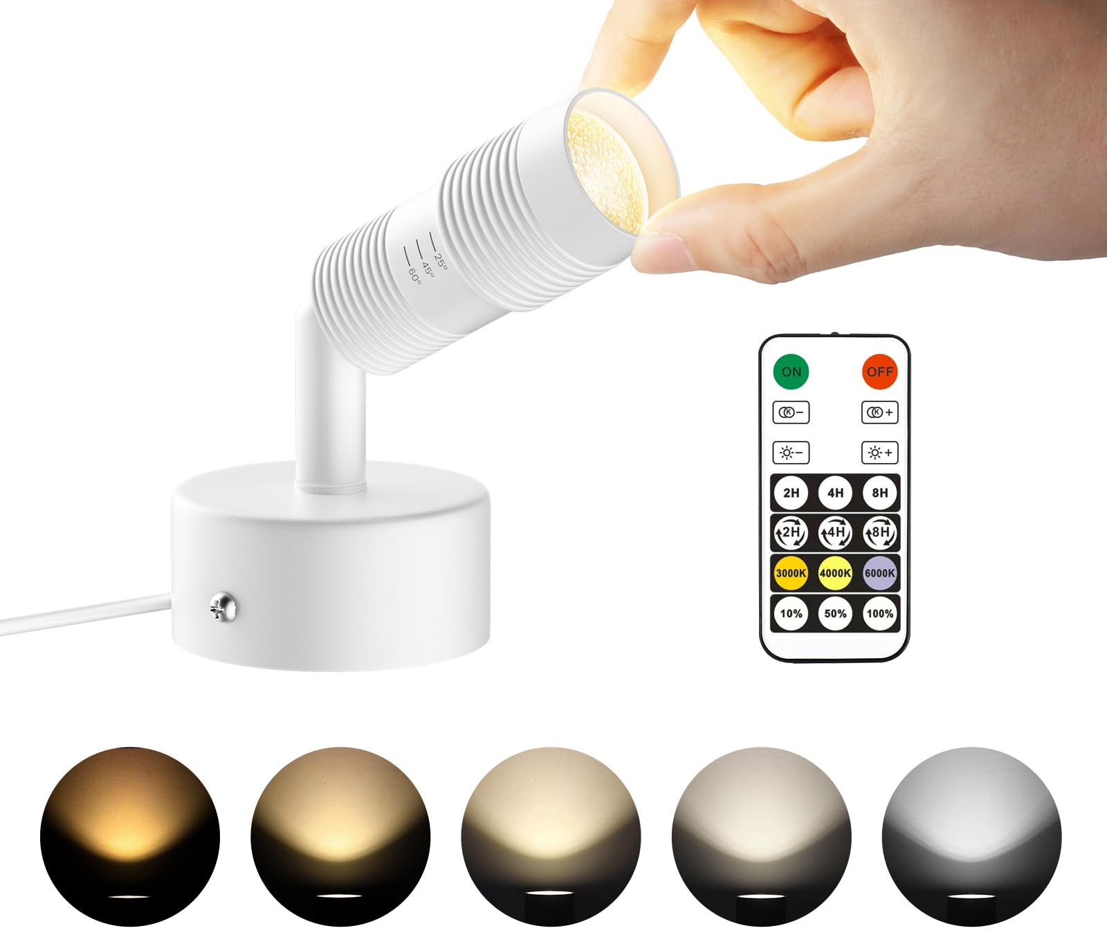 Tuyubee Muti-Color Zoomable Led Spot Lights Indoor Uplighting With Remote & Timer  5W Up Lights Indoor Dimmable Plant Spotlight Uplights Accent Lighting  Floor Spotlight Lamp - White