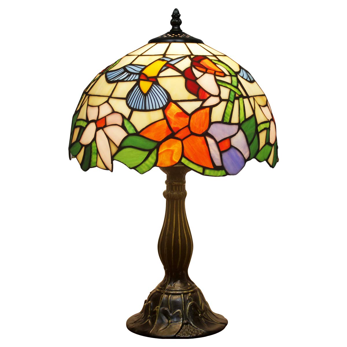 WERFACTORY Tiffany Lamp Stained Glass Hummingbird Style 12x12x18 Inches Glass Bedside Table Desk Light