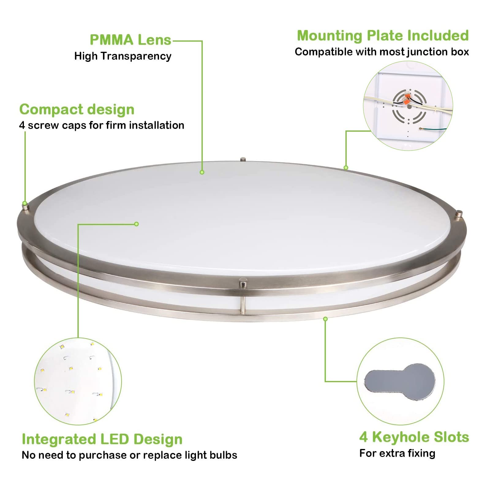 Hykolity 32 Inch Oval Led Ceiling Light, 60W, 4000Lm, 2700K/3000K/3500K/4000K/5000K Adjustable, Brush Nickel Finish Dimmable Flu