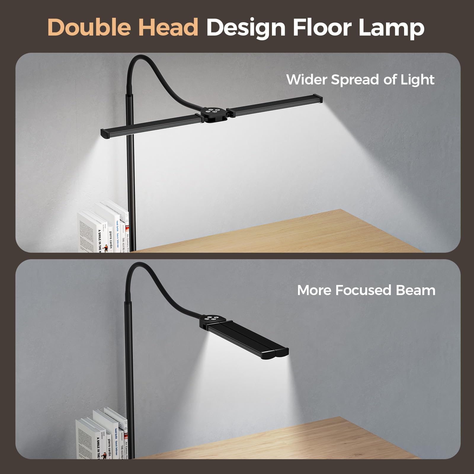 VrimNowit LED Floor Lamp - Adjustable Brightness & Colors, Dual Head Gooseneck, Remote Control, Eye-Caring, Black, Model V-FL-ST06