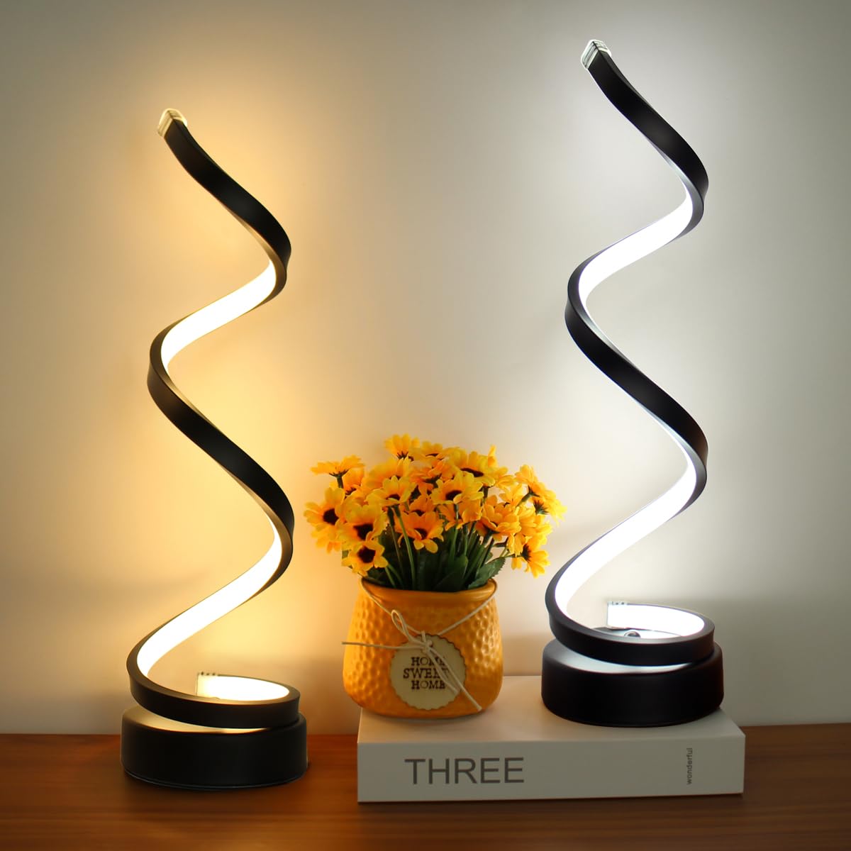 BESKETIE Dimmable Spiral Table Lamp Set of 2, 12W LED, 3 Colors, 10 Brightness Levels, Black - Perfect for Bedroom & Living Room