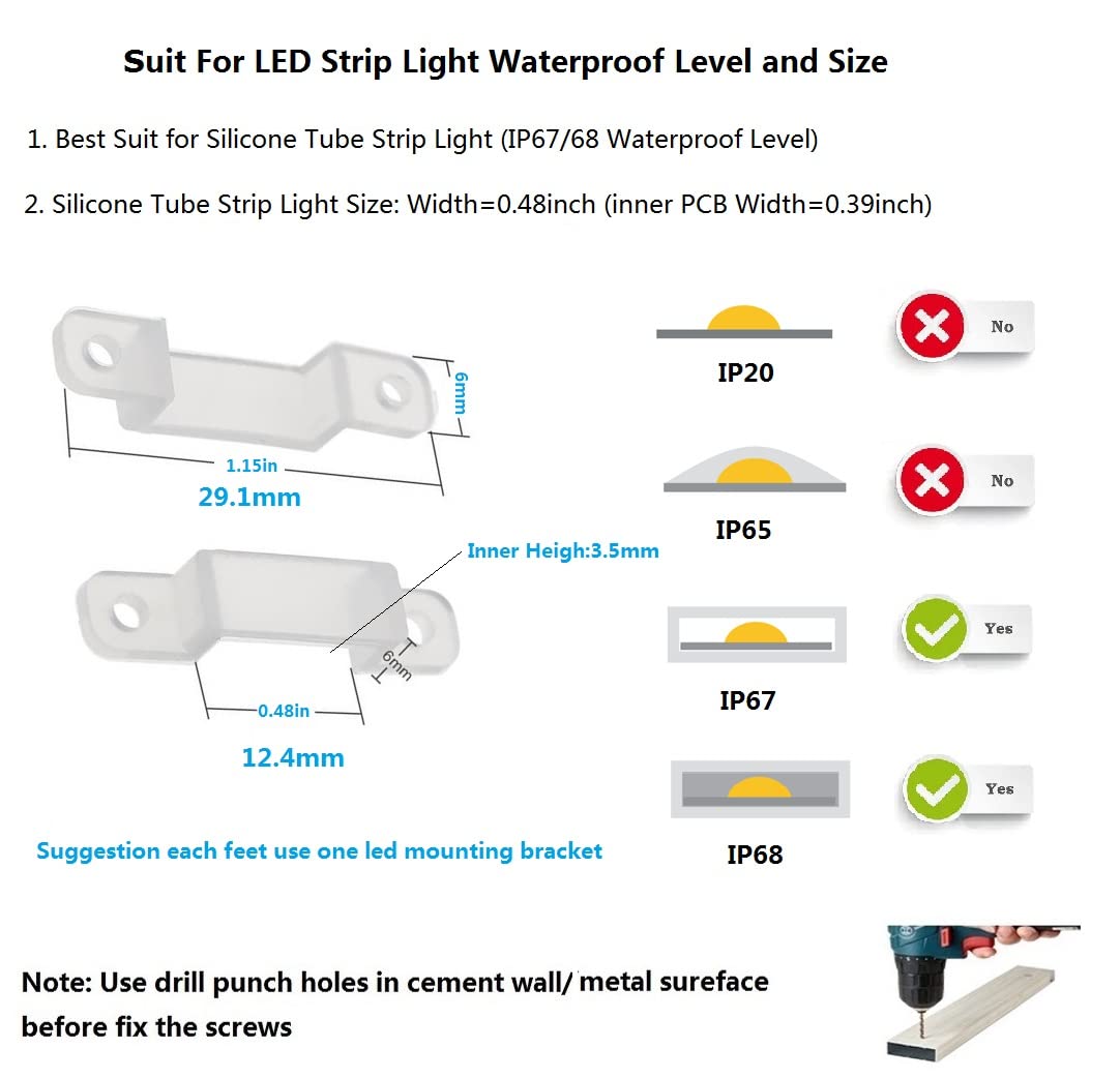 Msdusa 100 Pack Led Strip Light Mounting Brackets Led Strip Light Clips Led Light Strip Holder 200 Screws Included (Ideal For 12Mm Wide Ip67/68 Waterproof Strip Lights)