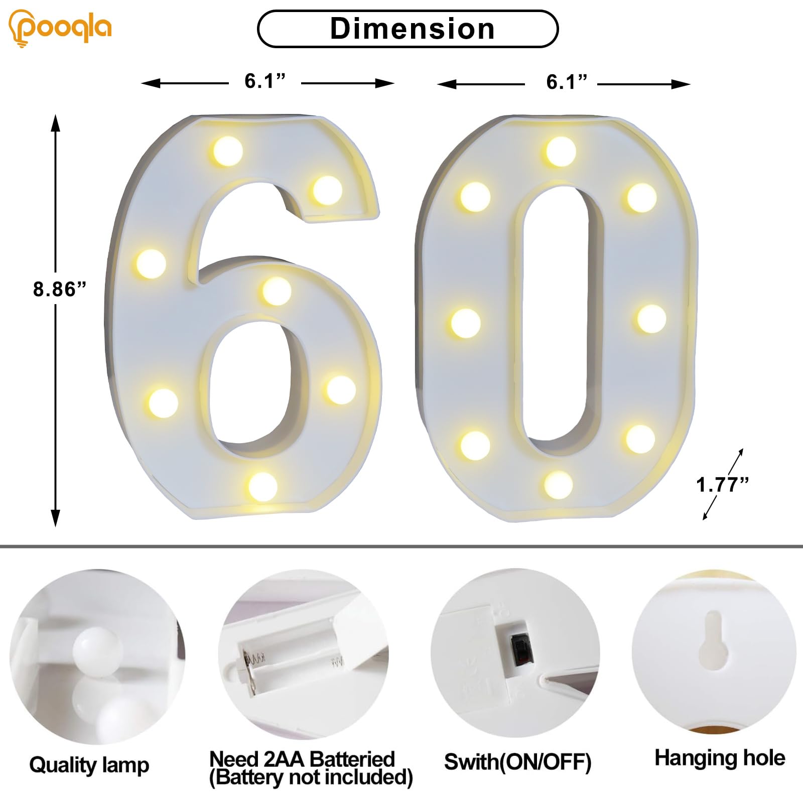 Pooqla Decorative Led Light Up Number Letters, White Plastic Marquee Number Lights Sign For 60Th Birthday Party Wedding Decor Battery Operated Number (60)