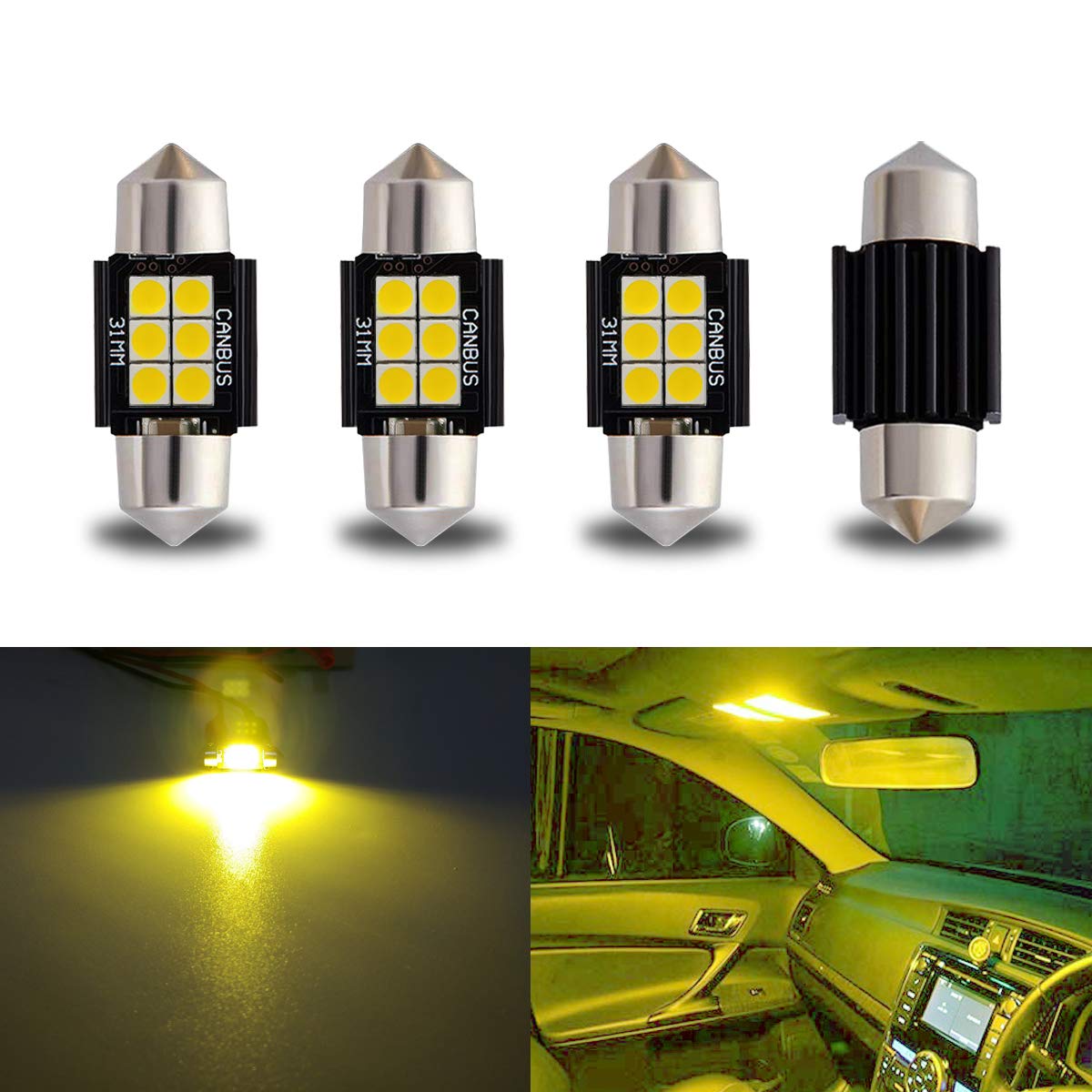 iBrightstar DE3175 DE3021 Festoon LED Bulbs, 31mm, Gold, Error Free, for Interior Dome Lights and License Plate Lights